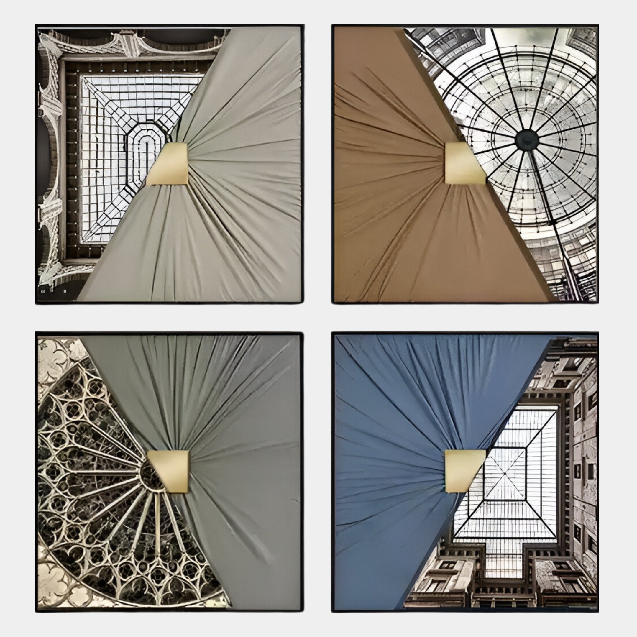 The Urbanist 4-Set Vaulted Realms Acrylic & Leather 3D Wall Art by Giant Sculptures features four square panels, each with draped leather, vaulted ceilings, stained glass or metalwork motifs, and a central gold accent.