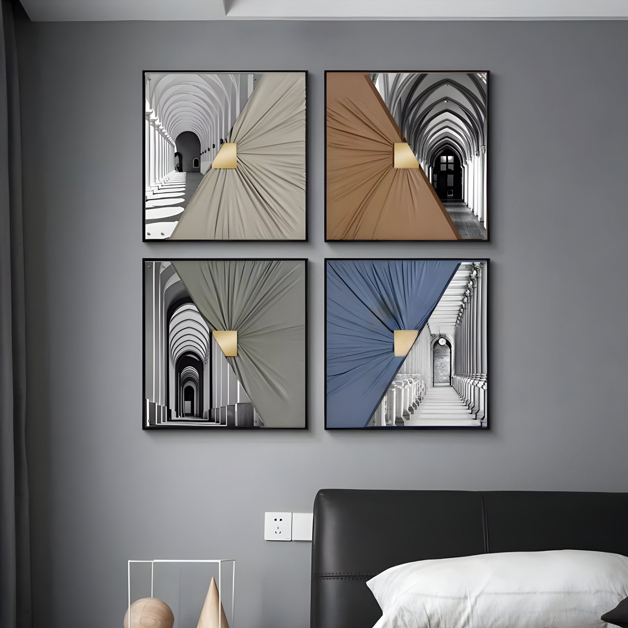 Urbanist 4-Set Architectural Arches Acrylic & Leather 3D Wall Art by Giant Sculptures features four square pieces with draped colorful leather, black-and-white arch imagery, and gold center accents—ideal above the bed.