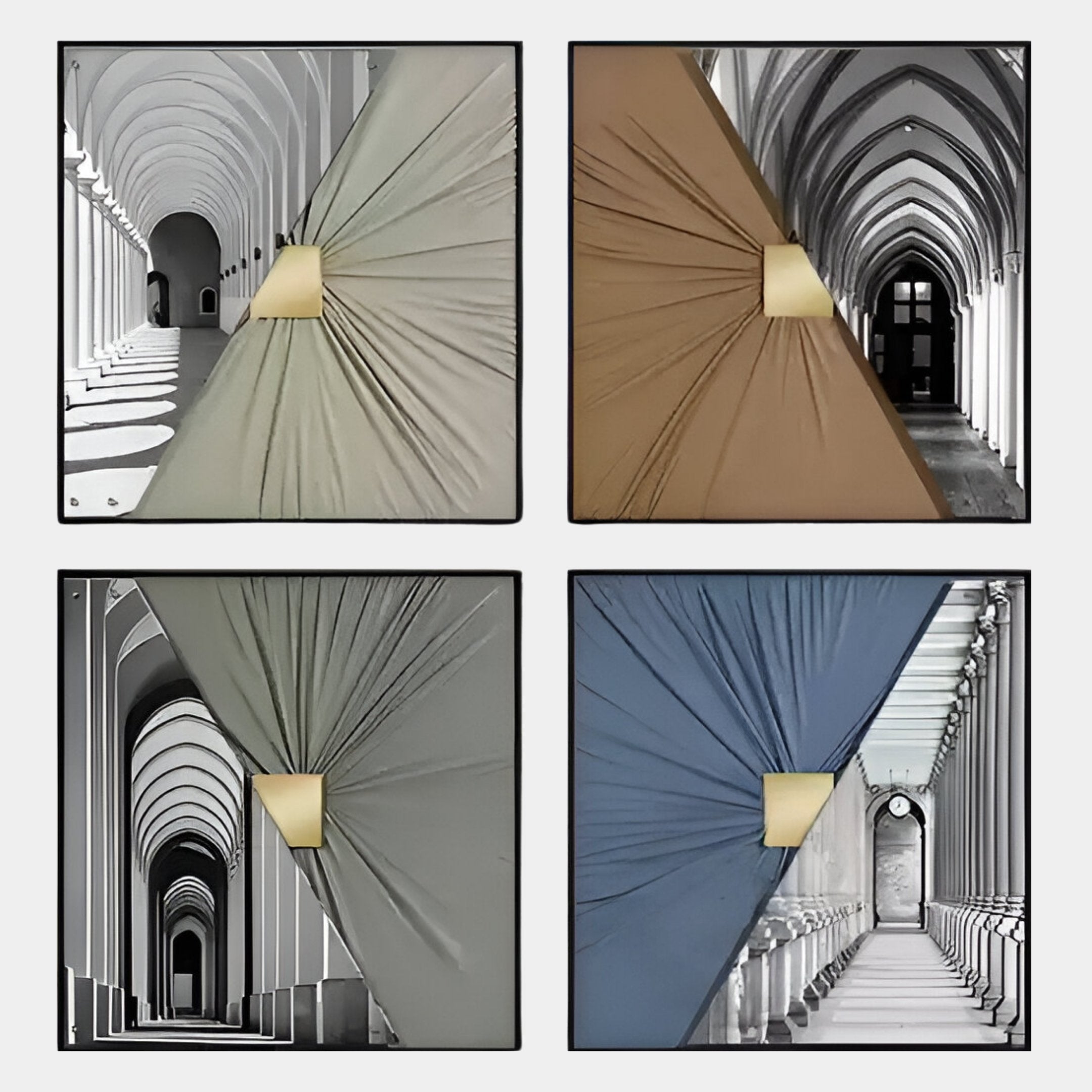 Giant Sculptures’ Urbanist 4-Set Architectural Arches Acrylic & Leather 3D Wall Art features four black-and-white hallway images, each draped with gray, brown, green, or blue fabric and a golden fold for an architectural-inspired effect.