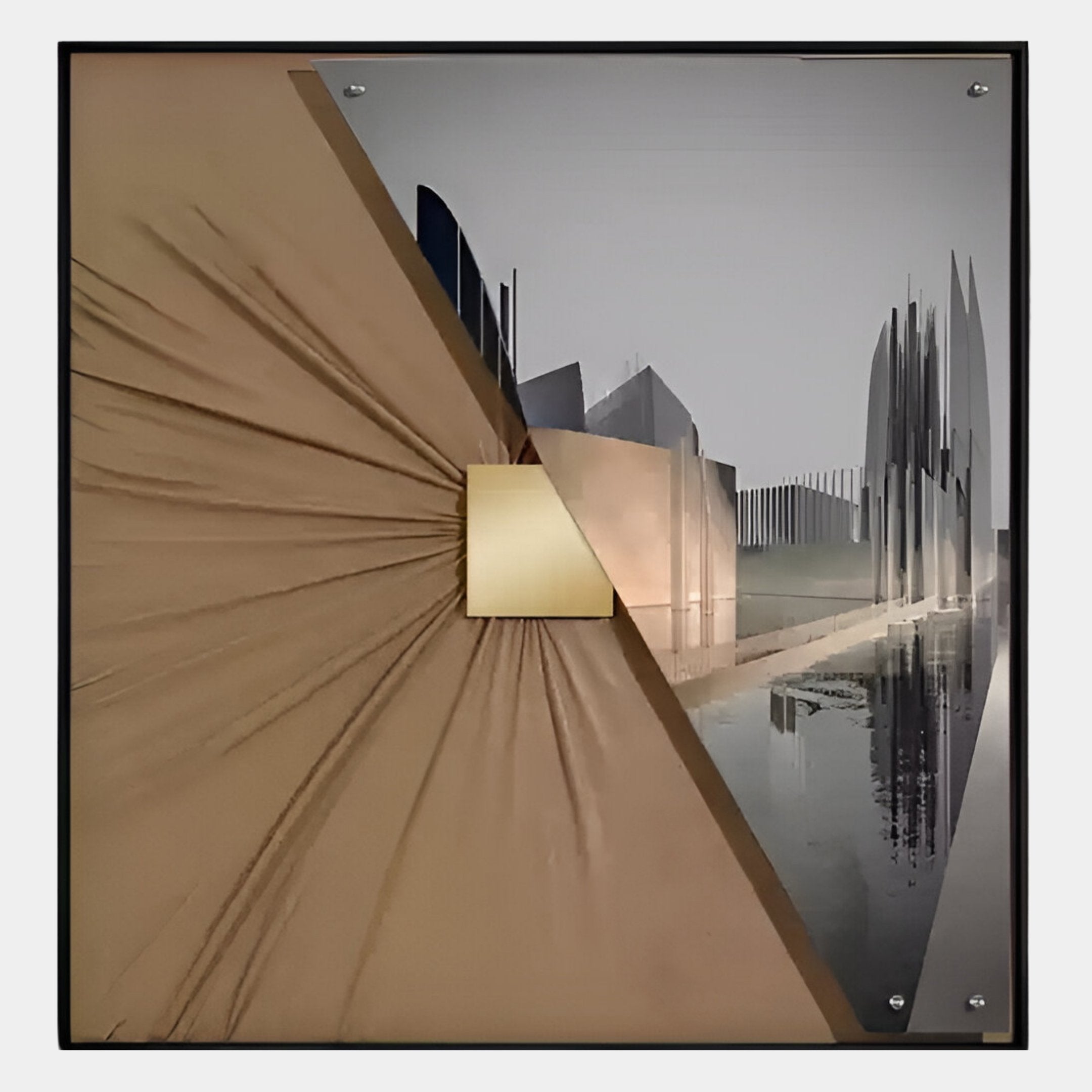 Urbanist II Abstract Architecture Acrylic & Leather 3D Wall Art by Giant Sculptures features a split design: gold fabric radiates from a central square on one side, while the other showcases metallic shapes with mirrored reflections.