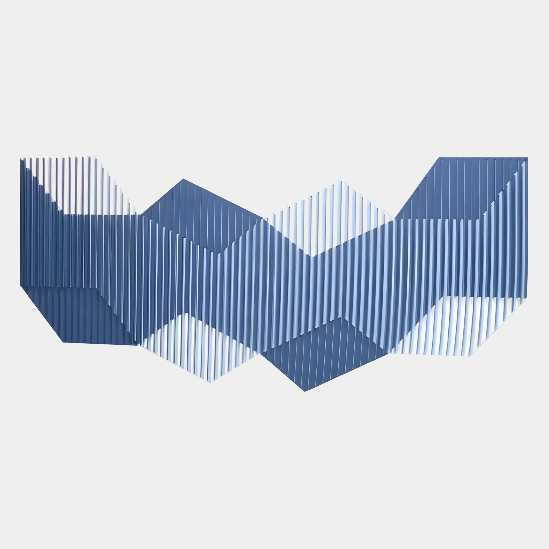 The Vertex Deep Navy & White Ridge Acrylic & Wood Carving 3D Wall Art by Giant Sculptures features interlocking hexagons in blue and white with vertical grooves for a 3D wave effect, creating a striking geometric wall installation.