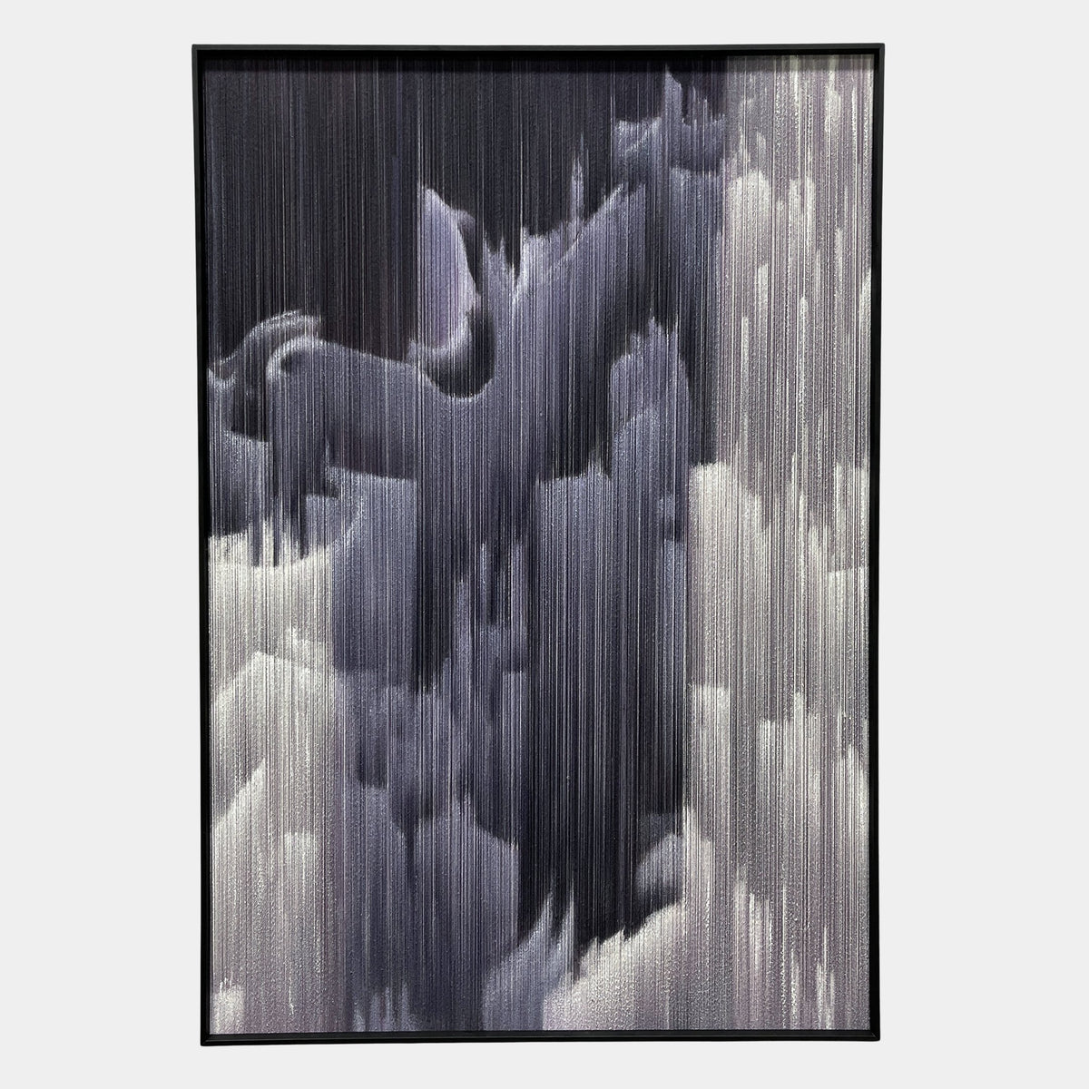 Aerolune Grey & Silver Vertical Drift Rope 3D Wall Art, framed mixed-media piece with vertical rope streaks in grey, black, and silver creating a blurred drift effect.
