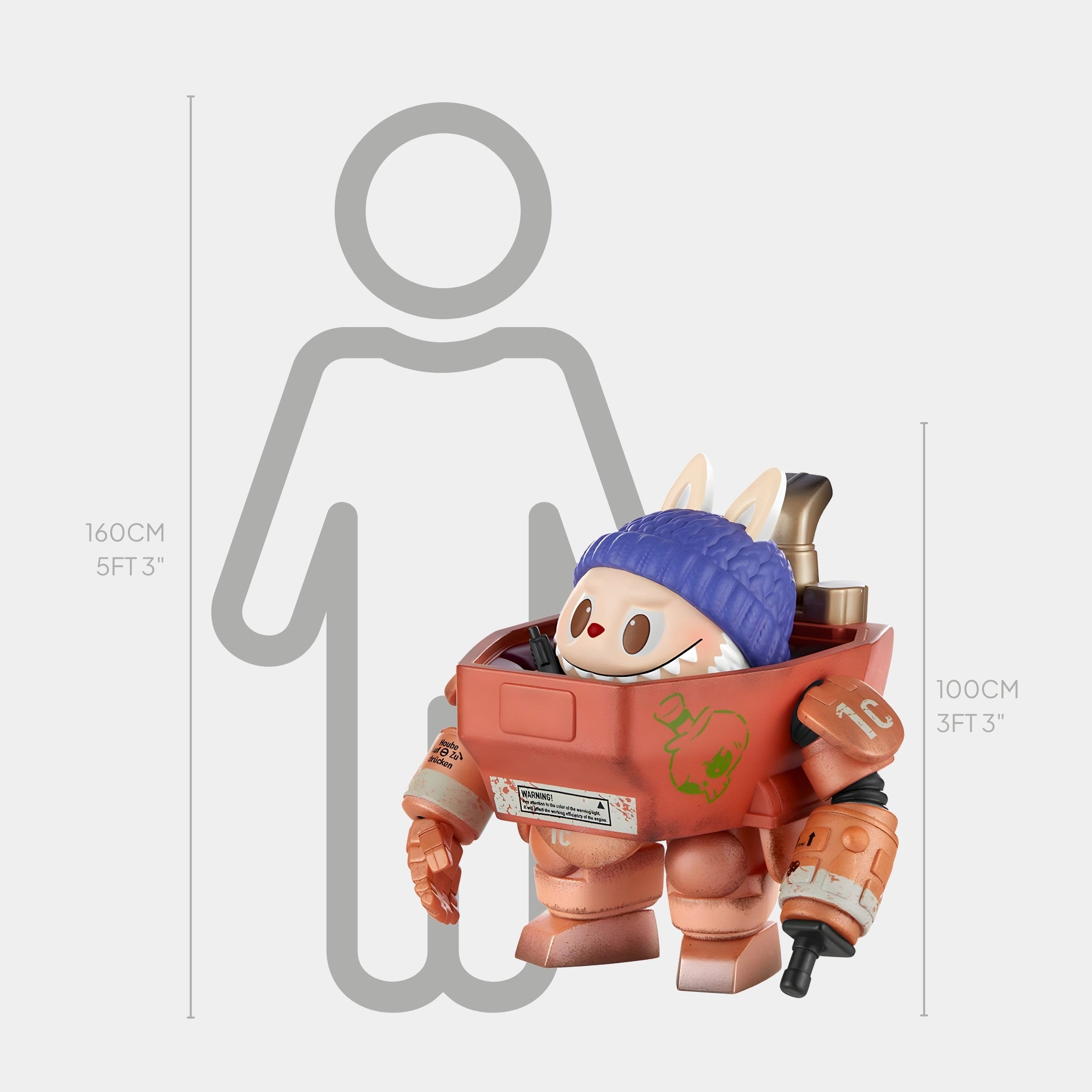 The Forgecore Labubu Mecha Sculpture - 100cm by Giant Sculptures showcases a round-faced figure with rabbit ears in an orange robot suit and blue beanie, standing before a height chart—ideal for art collectors seeking playful industrial style.