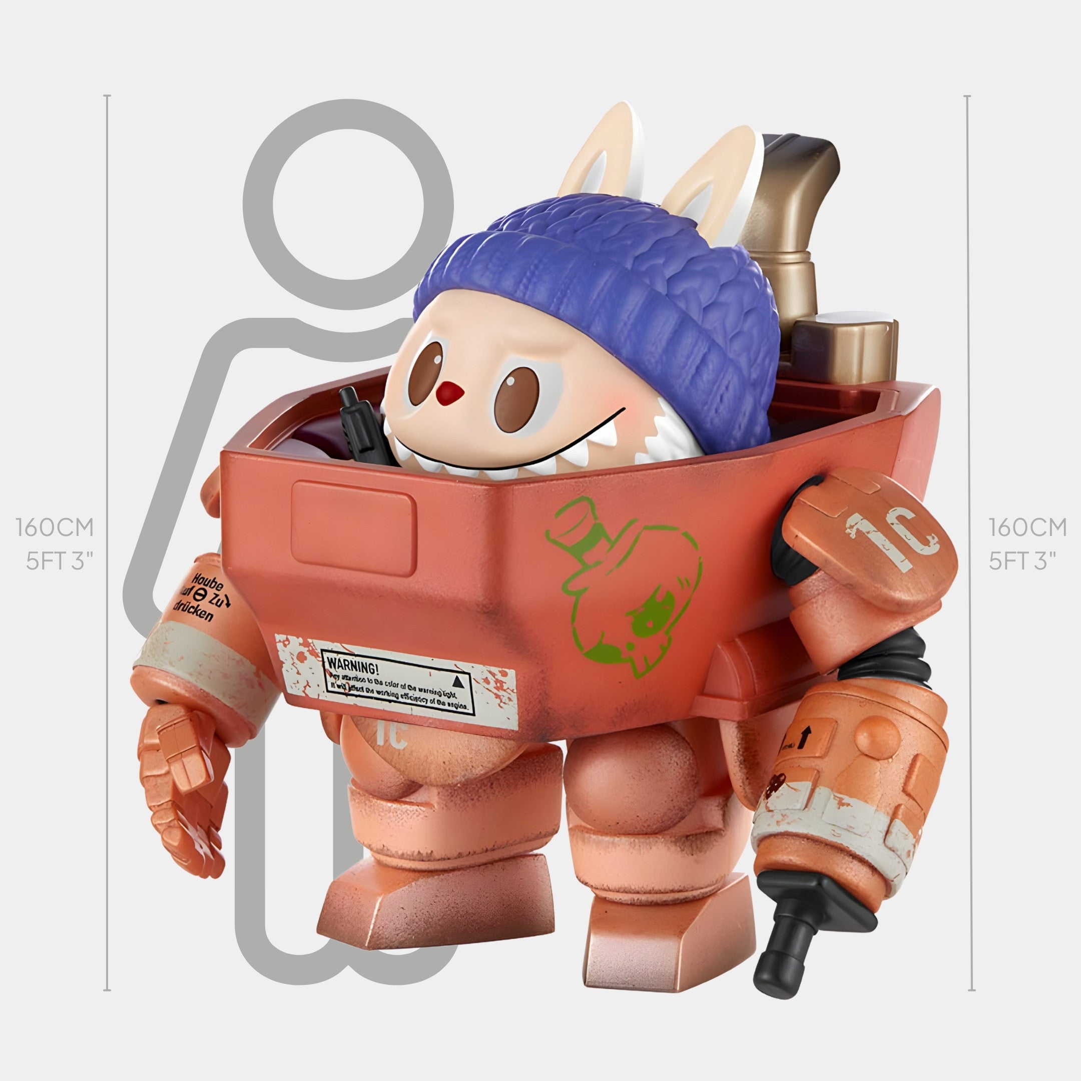 The Forgecore Labubu Mecha Sculpture (160cm) by Giant Sculptures features a round-faced toy with bunny ears and blue cap in a red robot suit—ideal for industrial design-inspired spaces. Height is under 160 cm (5 ft 3 in).