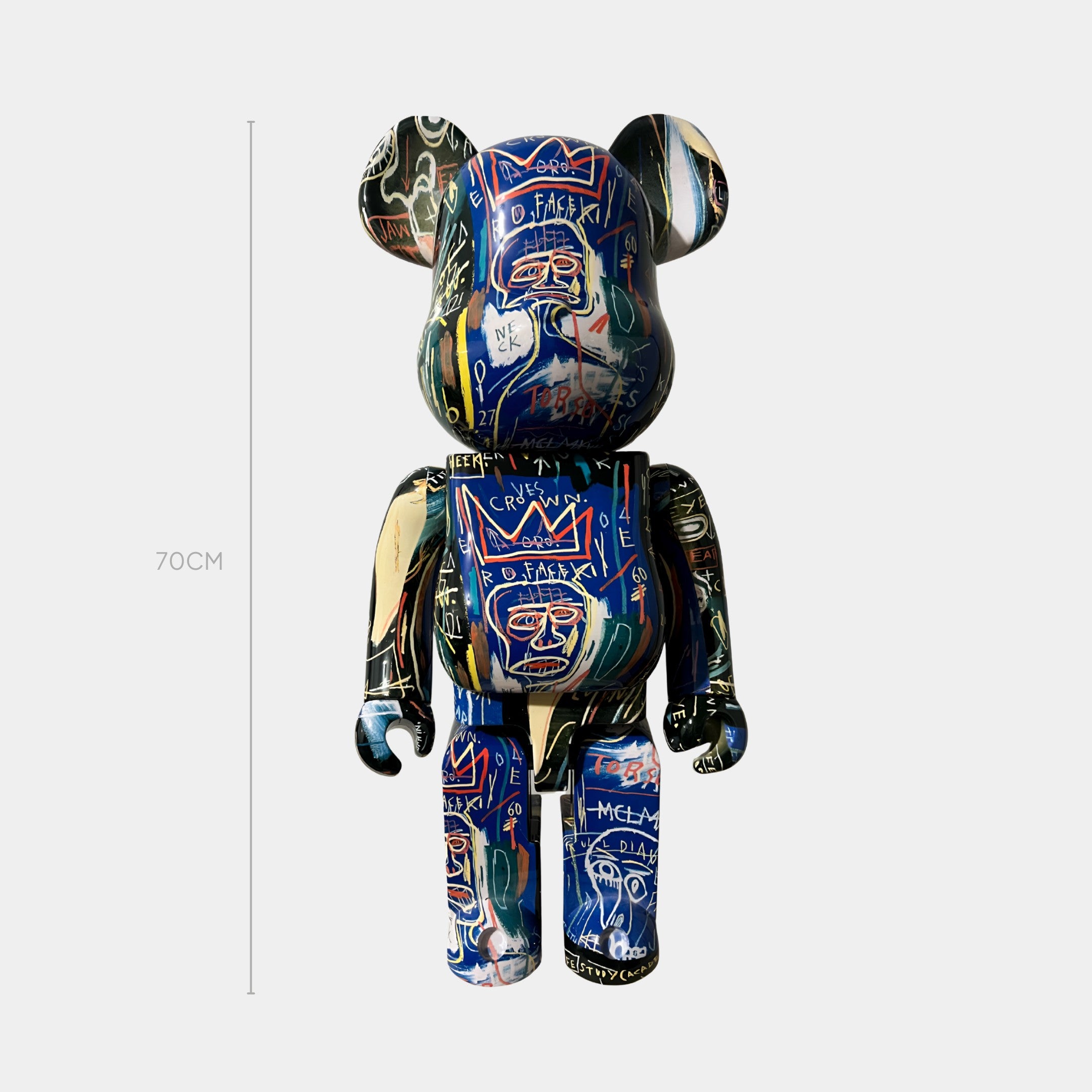 The Abstract Graffiti Bear Sculpture by Giant Sculptures is a 70cm limited edition resin collectible featuring vibrant neo-expressionist art and graffiti-style designs in blue, white, red, and yellow on a white background.