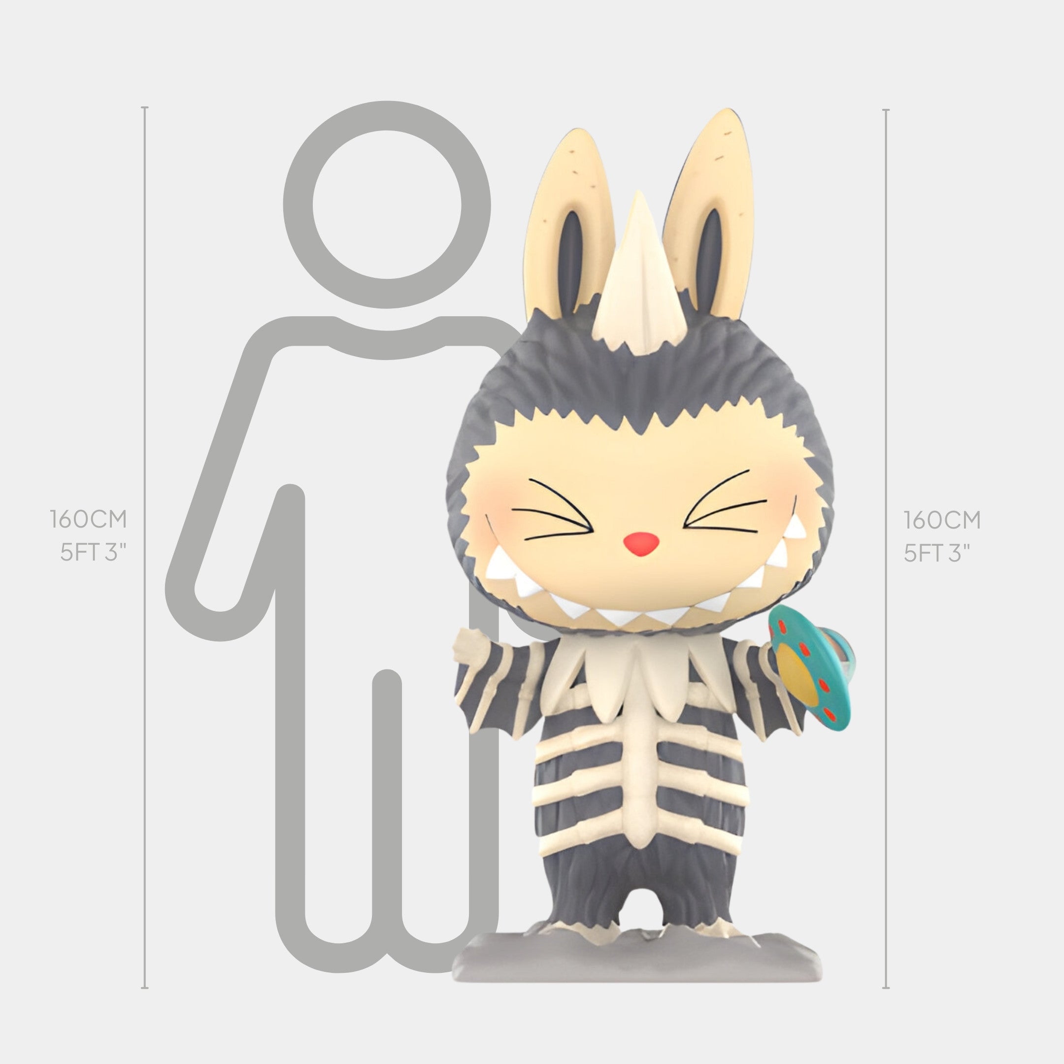 The Giant Sculptures Monsterverse Alien Kaiju Labubu Sculpture, standing 160cm tall, features rabbit ears, a striped body, and bone-like details—a charming fibreglass piece blending animal and alien kaiju themes.
