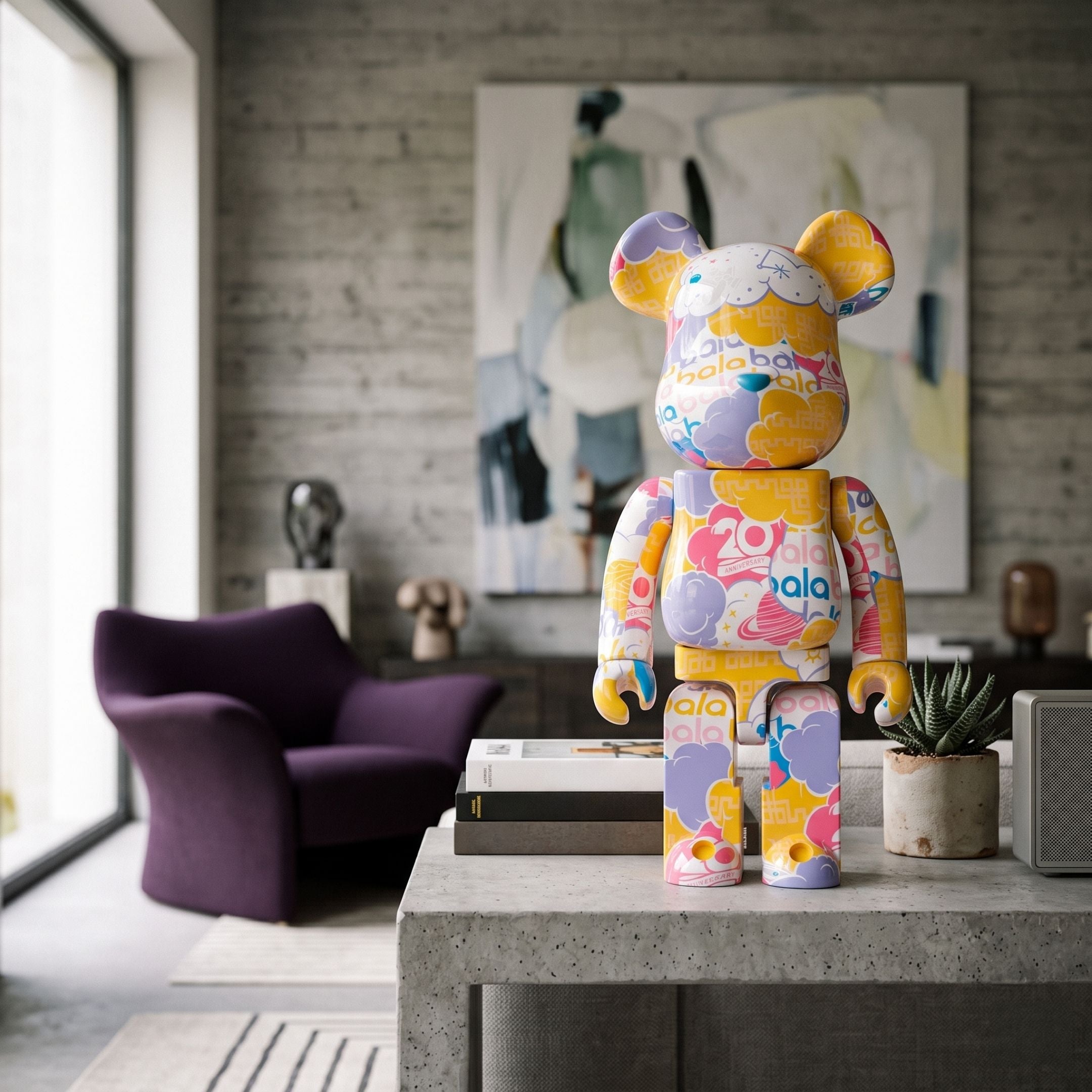 Anniversary Cloud Bear Sculpture, 70cm, in resin with pastel lilac, yellow, pink and white cloud patterns, displayed on a concrete table in a modern living room with a purple armchair and abstract wall art.