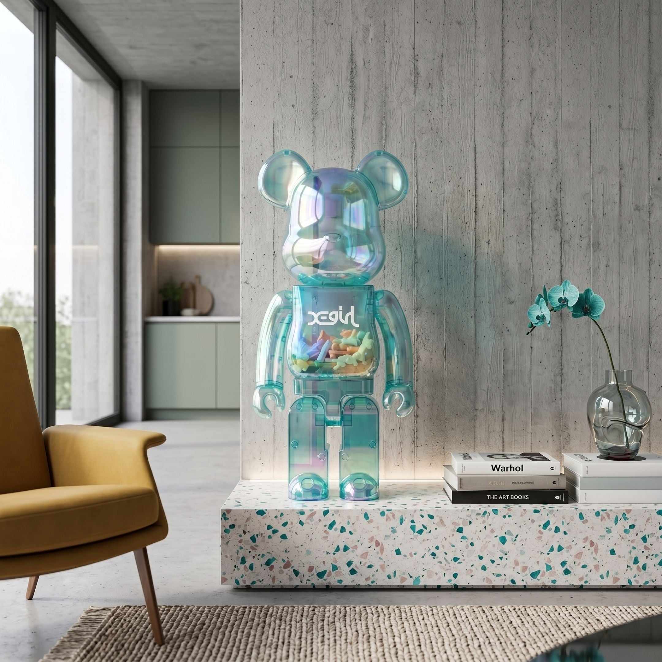 Aqua Mirage Bear Sculpture - 70cm, a translucent blue-green resin bear with X-girl chest graphic, displayed on a terrazzo platform in a modern living room.