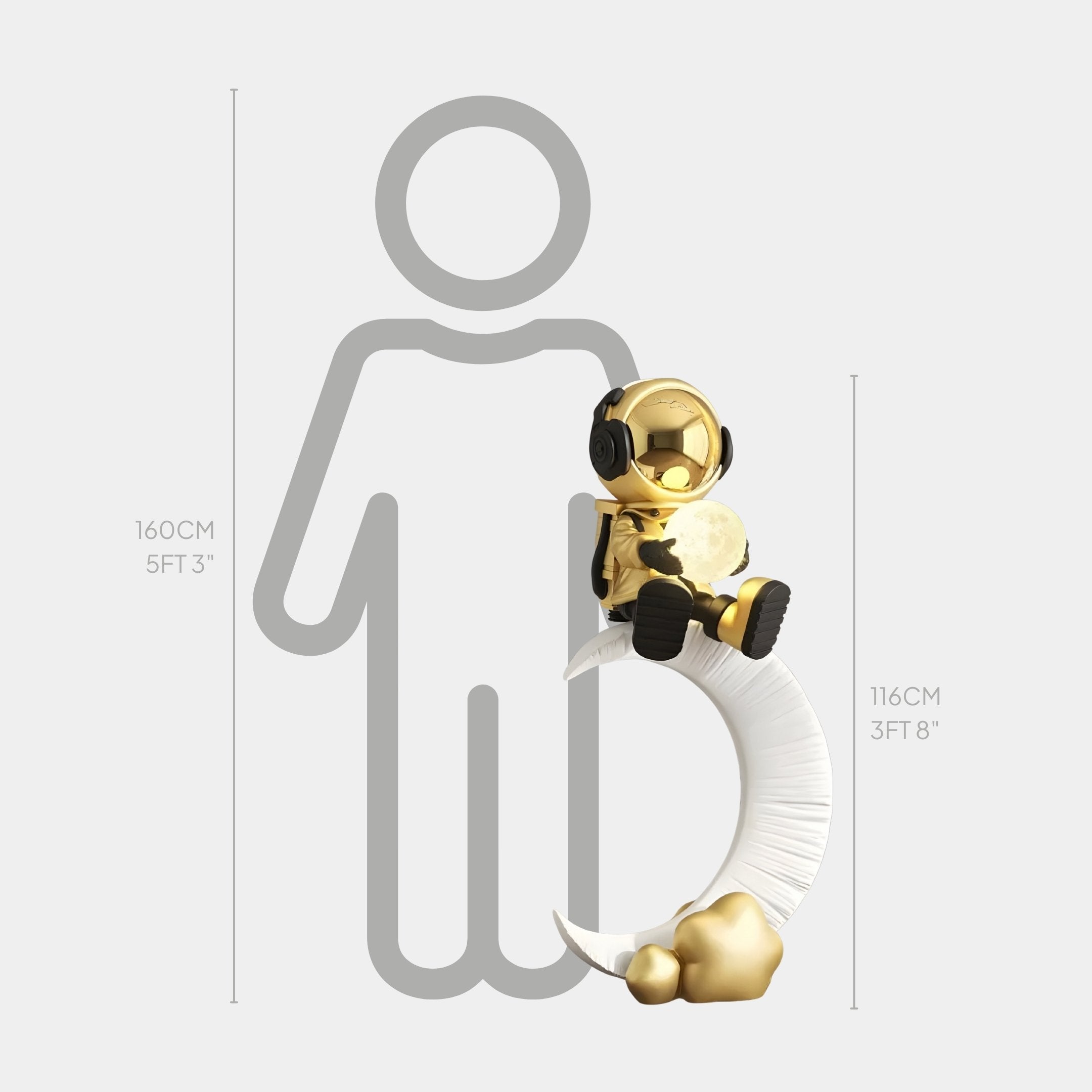 The Celestial Gold Astronaut Glow Moon Crescent Sculpture by Giant Sculptures stands 116cm tall, depicting a gold astronaut on a crescent moon with clouds. Shown next to a 160cm human for scale.