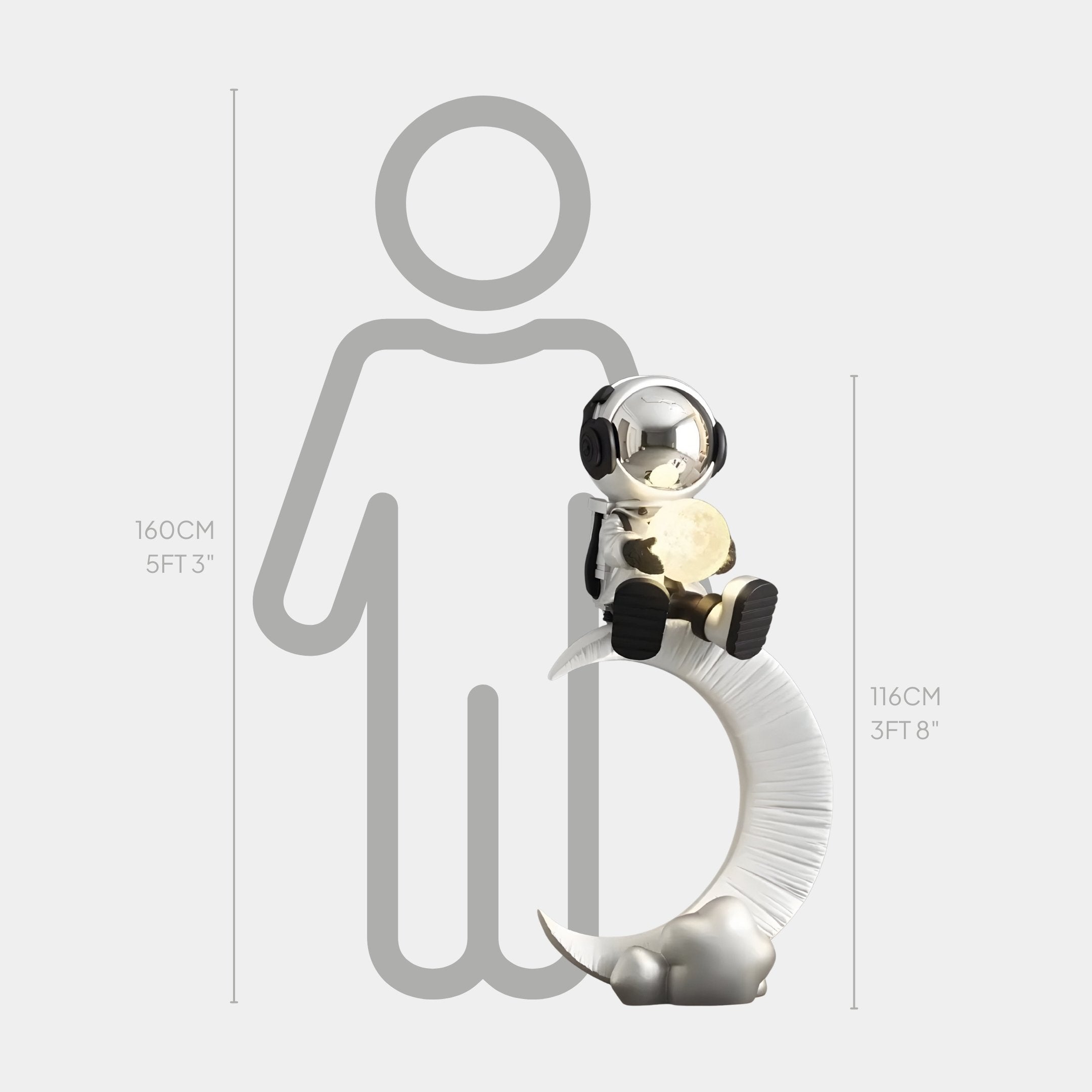 Scale comparison showing the 116cm Lunar Silver Astronaut Glow Moon Crescent Sculpture beside a 160cm human silhouette on a light grey background.