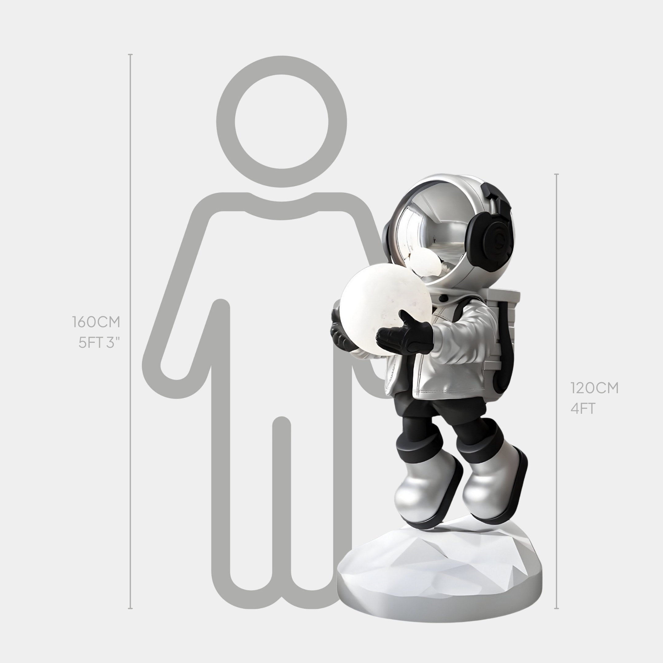 The Giant Sculptures Lunar Silver Astronaut Glow Hover Sculpture, standing at 120 cm (4 ft), features a silver astronaut holding a sphere with a gentle glow. Positioned next to a silhouette indicating a human height of 160 cm (5 ft 3 in) for scale.