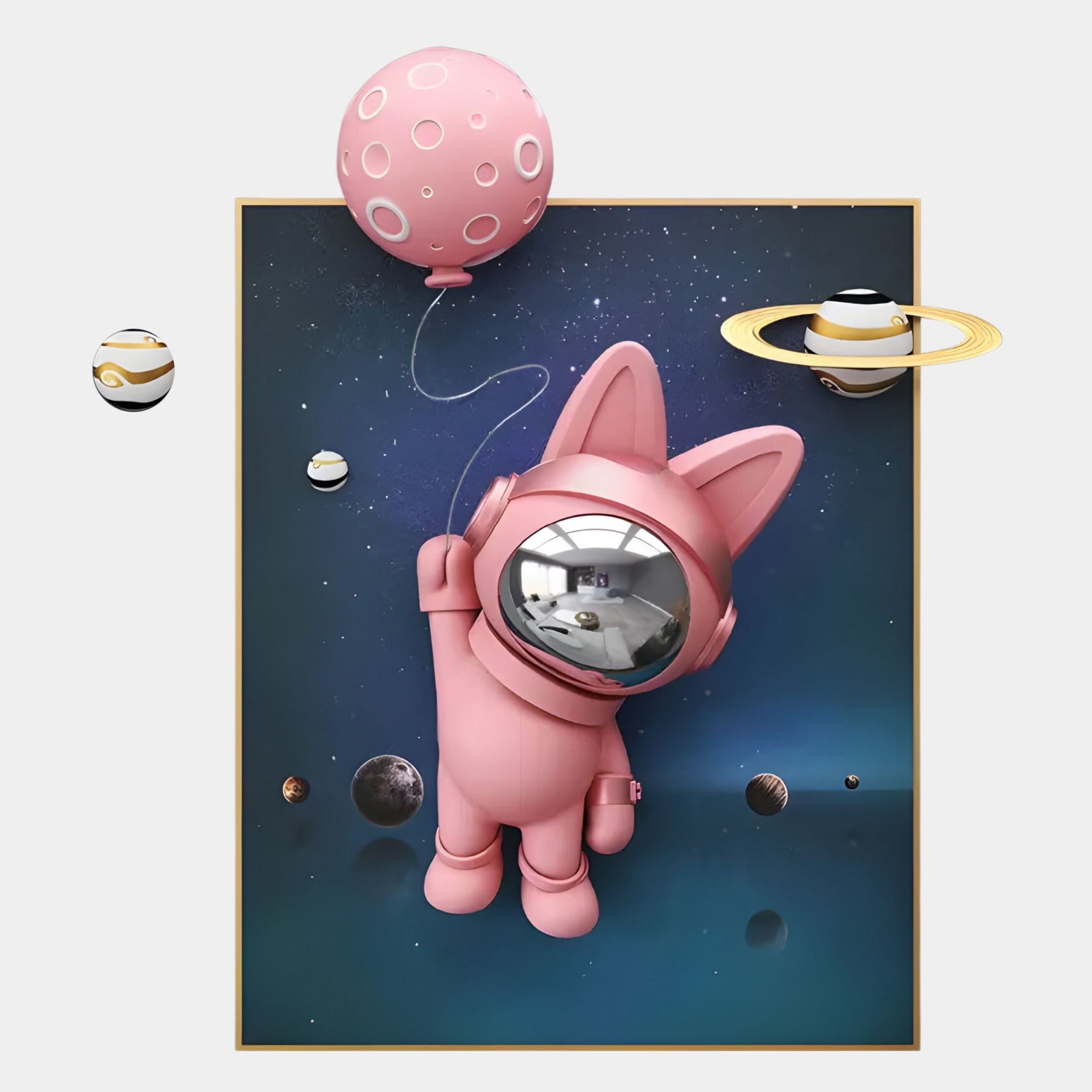 Giant Sculptures’ Pink 3D Astronaut Bunny Balloon Starry Wall Art features a shiny-helmeted bunny floating in space with a pink moon balloon, surrounded by planets and stars for a whimsical cosmic touch.