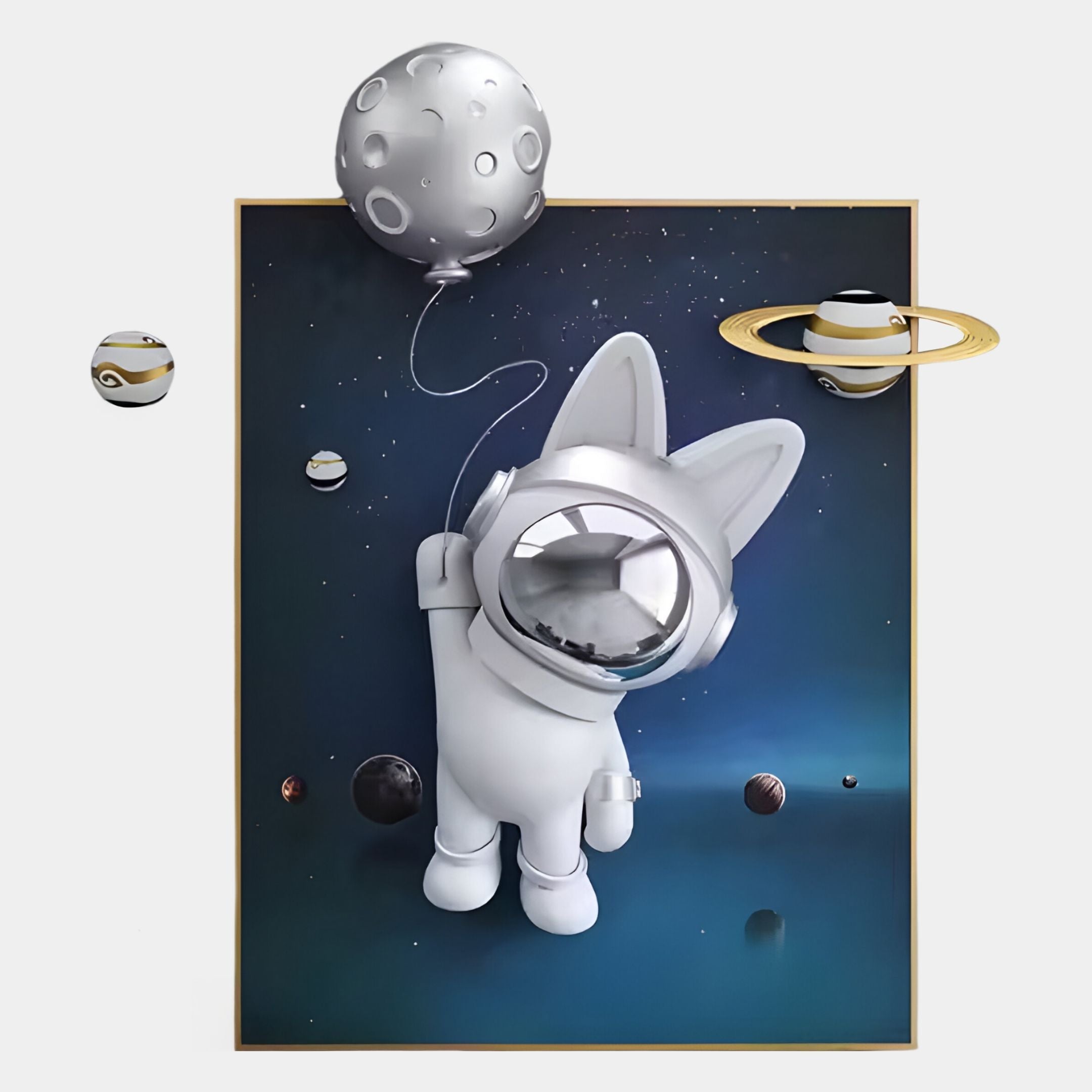 A cute white cat in a spacesuit floats in space with a moon balloon, surrounded by stars and planets—adding playful charm to any décor. Pair it with Giant Sculptures’ Chrome 3D Astronaut Bunny Balloon Starry Wall Art for the ultimate space theme.