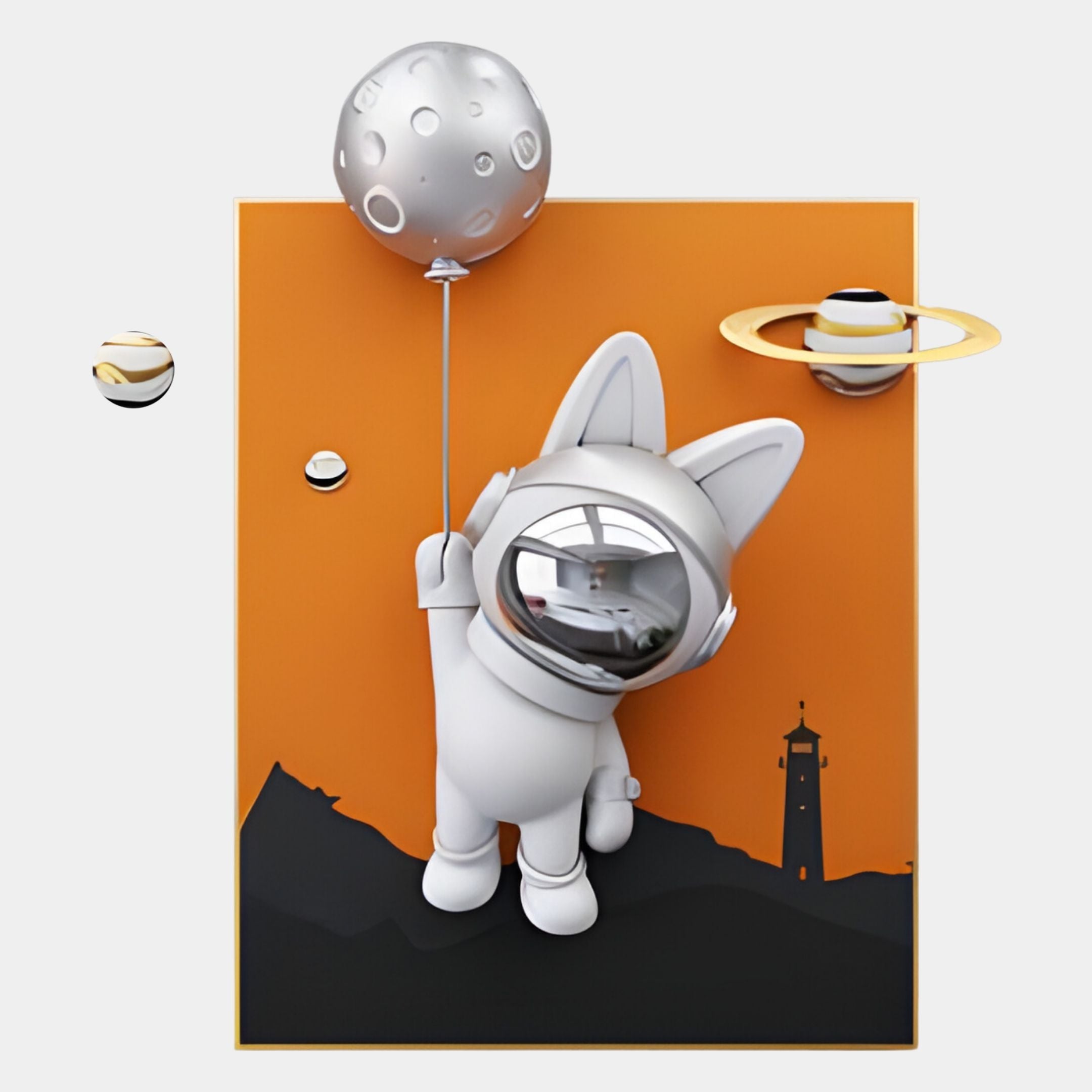 The Chrome 3D Astronaut Bunny Balloon Lighthouse Wall Art by Giant Sculptures features a whimsical bunny astronaut floating with a balloon, set against an orange sky with mountains and lighthouse for playful cosmic décor.