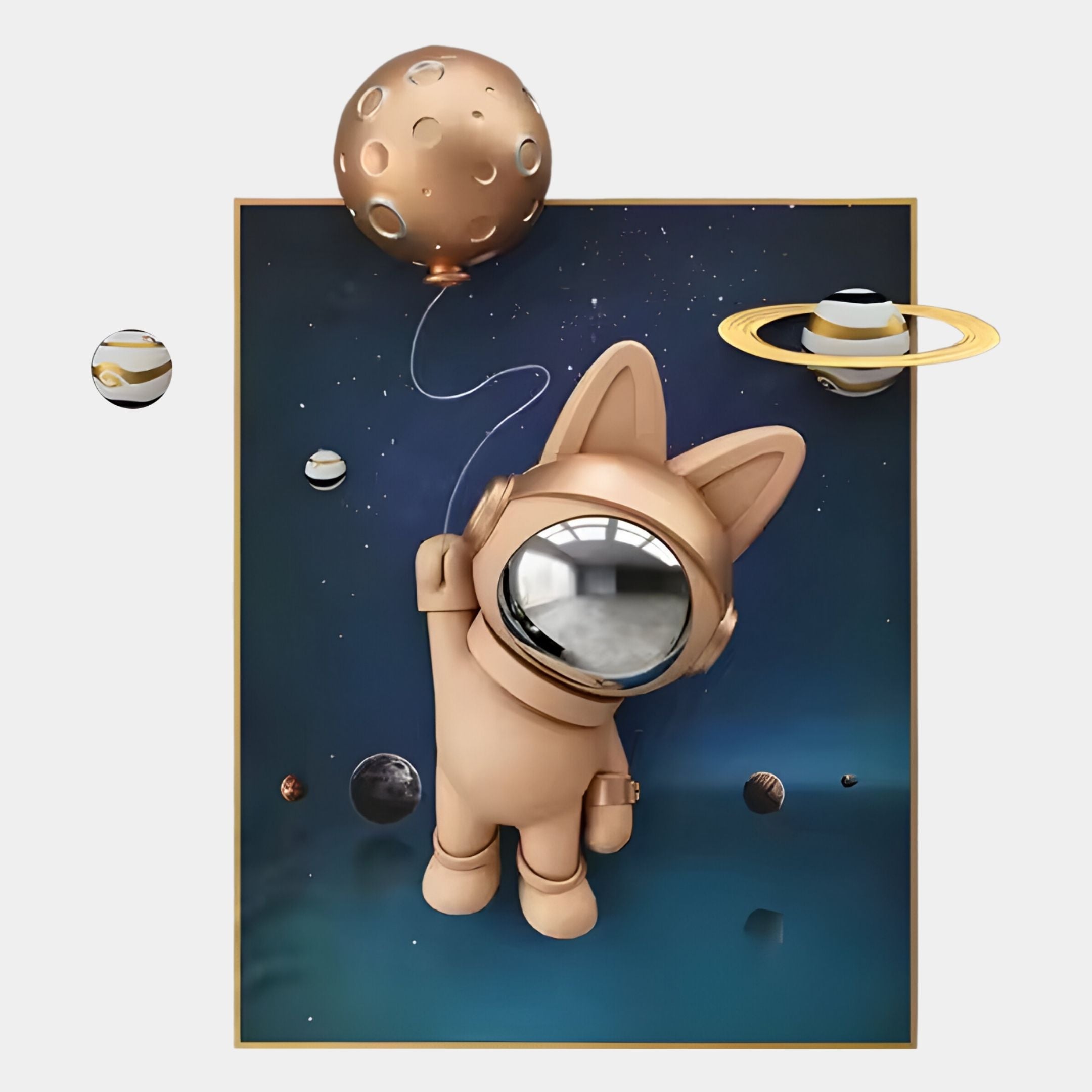 Giant Sculptures Rose Gold 3D Astronaut Bunny Balloon Starry Wall Art features a bunny in a rose gold astronaut suit floating with a planet balloon amid cosmic backgrounds, adding a whimsical, space-inspired touch to your decor.