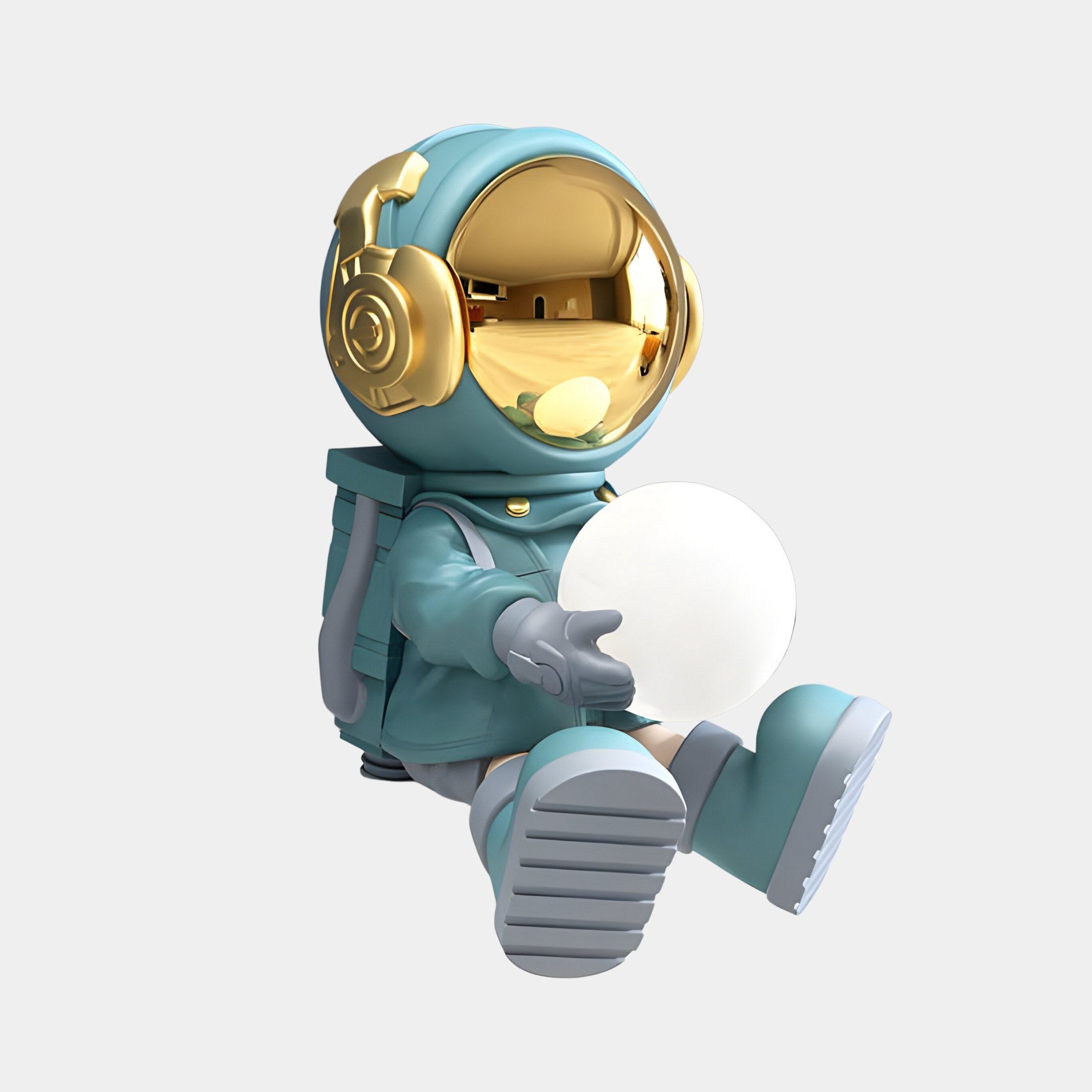 The Giant Sculptures Galactic Blue Astronaut Glow Seated II Sculpture is a charming 53cm figure, featuring a cute astronaut with a teal suit, gold visor, and large gold headphones. It holds a glowing orb and offers four adjustable lighting colors to enhance its whimsical space-themed charm.
