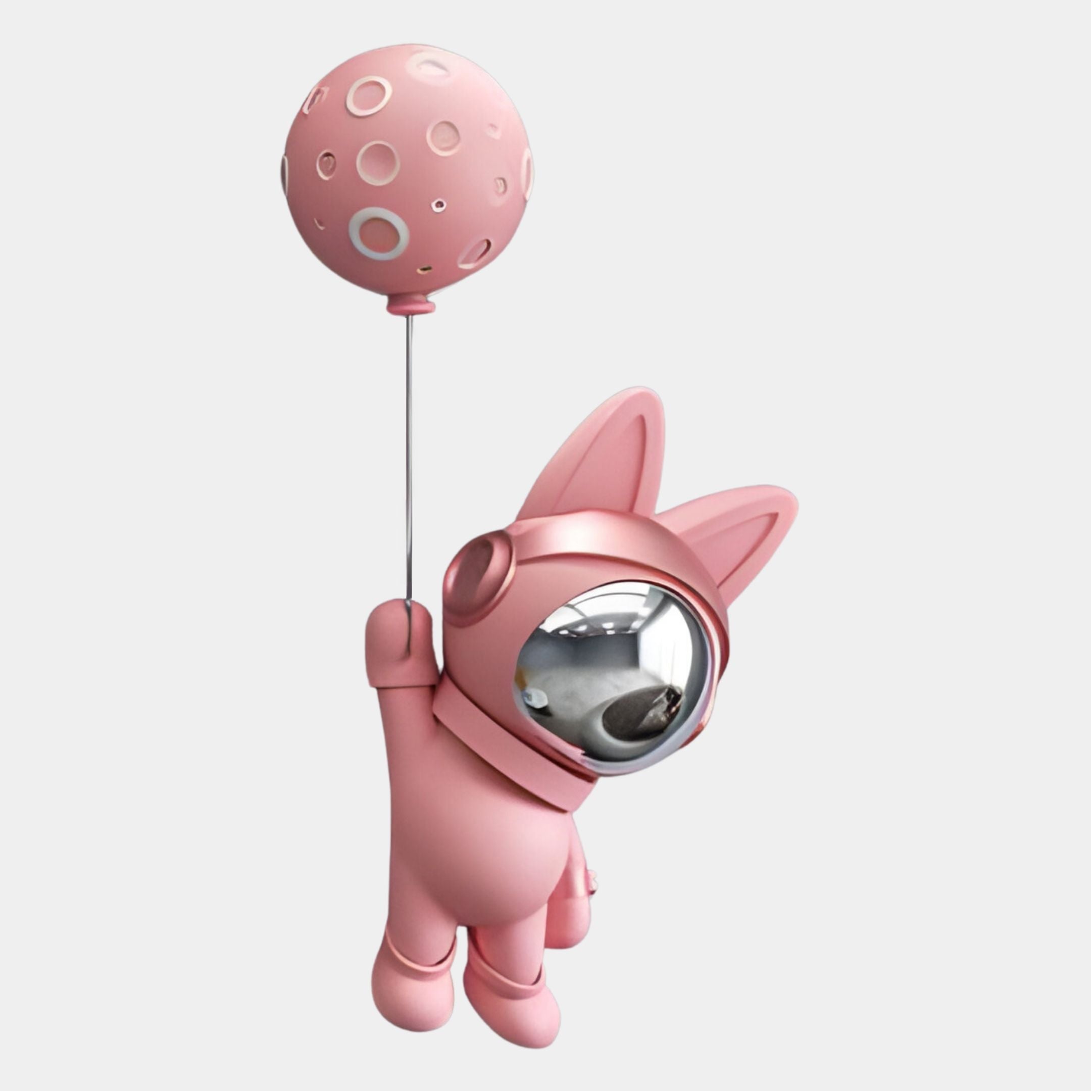 A pink cartoon bunny in a spacesuit floats with a pink planet-shaped balloon, visor gleaming. The light gray background highlights the Pink Astronaut Bunny Balloon 3D Wall Art - 58cm by Giant Sculptures.