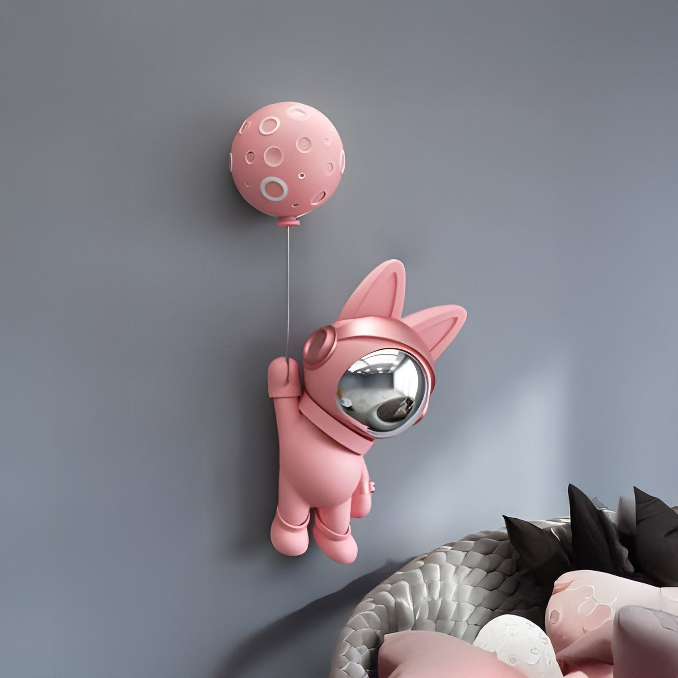 The Pink Astronaut Bunny Balloon 3D Wall Art (58cm) by Giant Sculptures features a whimsical pink bunny with a shiny helmet and patterned balloon, adding unique resin charm to your modern room décor.