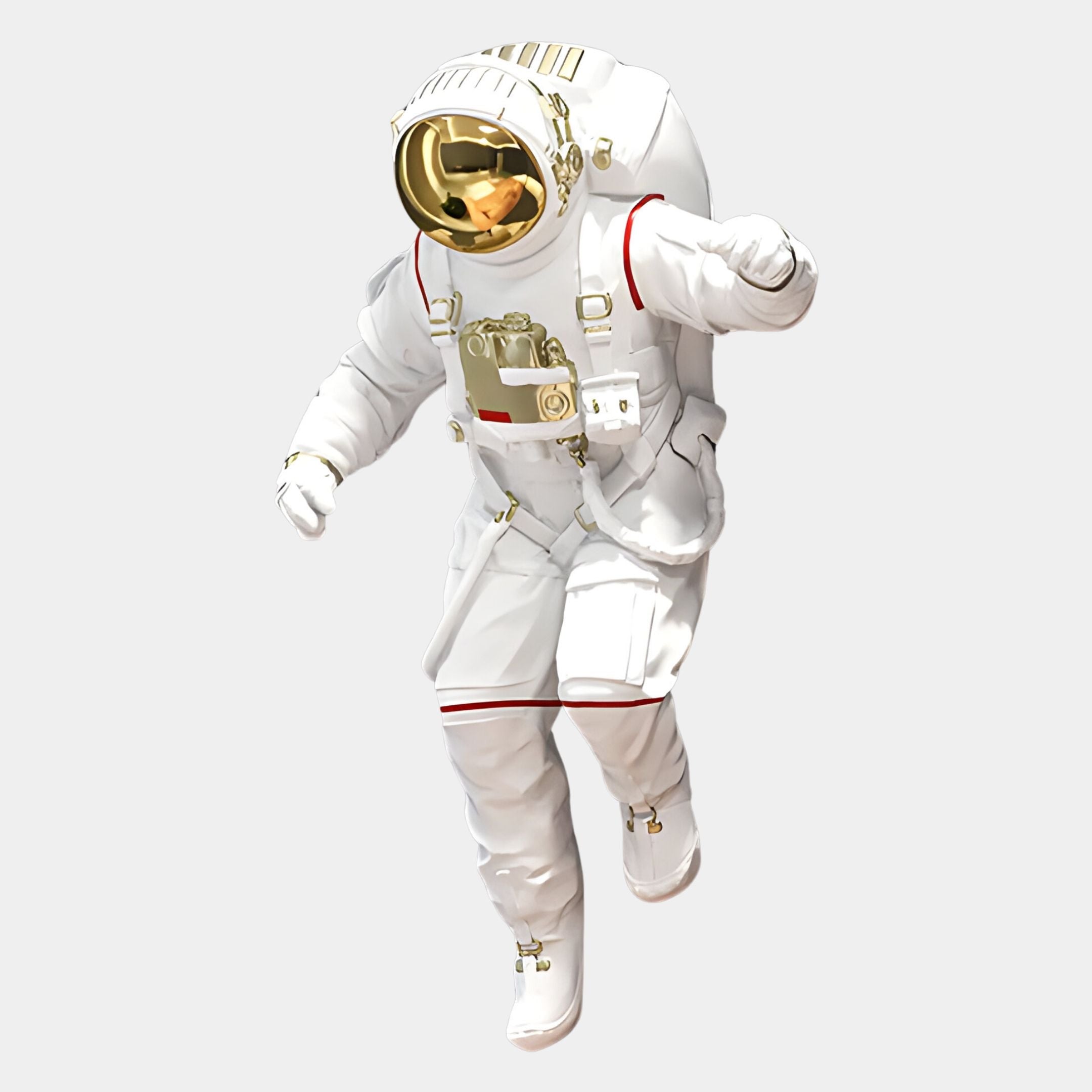 The Giant Sculptures White 3D Cosmic Lift Astronaut Wall Art (58cm) showcases an astronaut in a white suit with red accents and gold visor, ideal for adding a unique space-themed touch to any room.