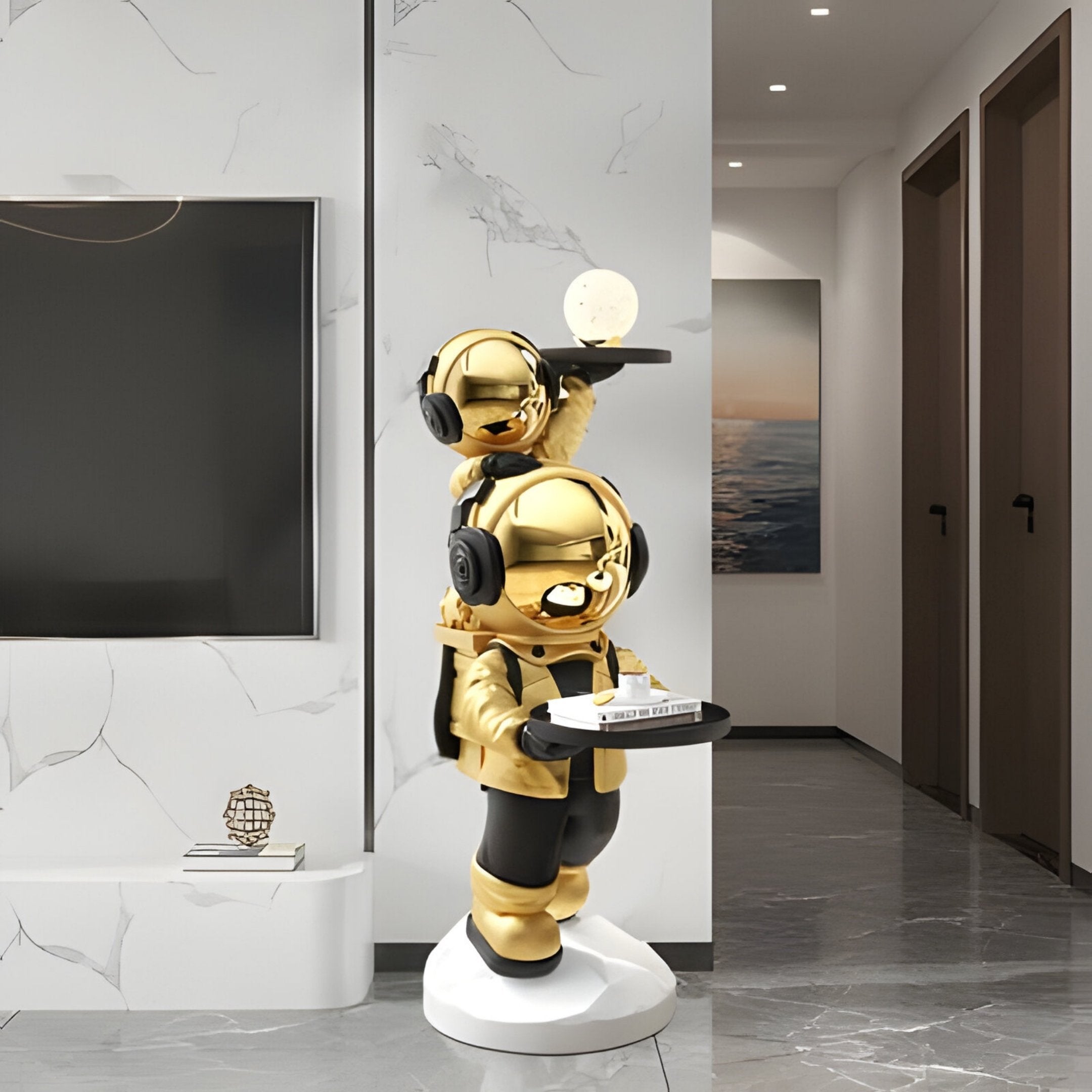 Celestial Gold Astronaut Duo Server Sculpture - 78cm