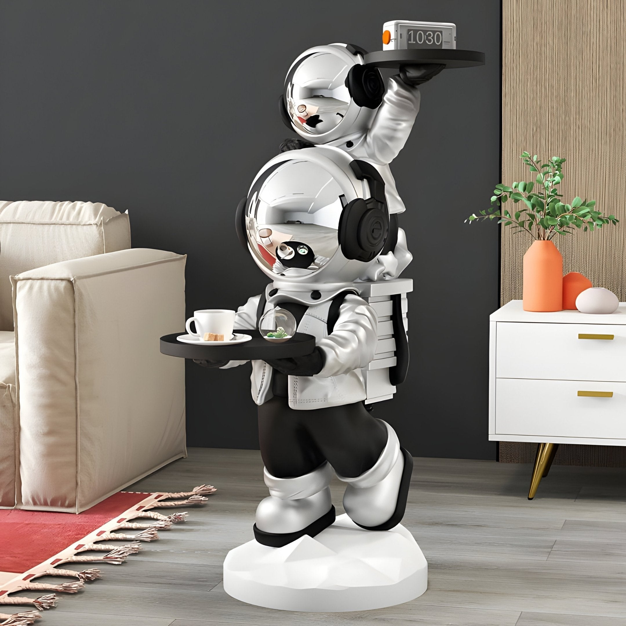 Lunar Silver Astronaut Duo Server Sculpture - 78cm