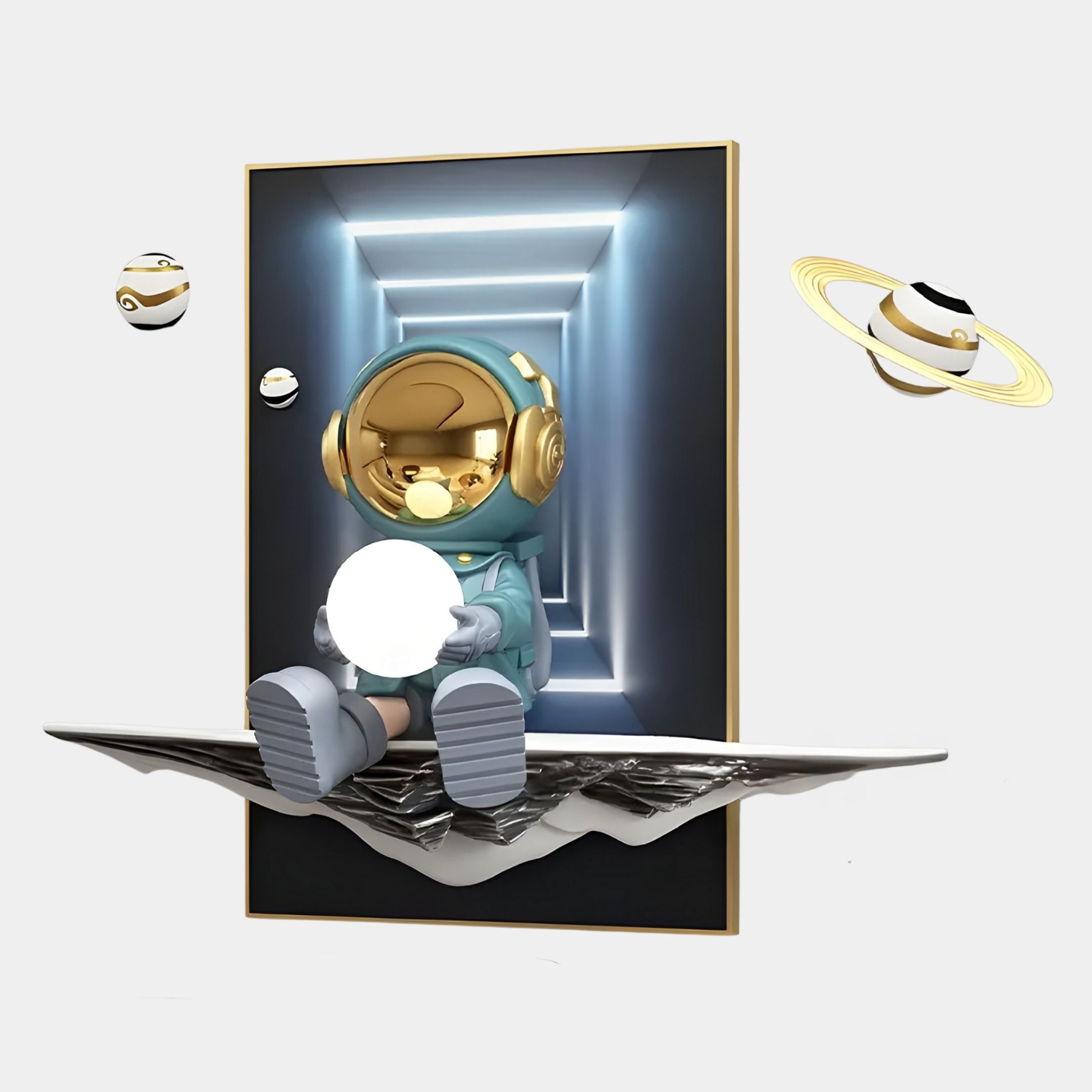 The Blue Astronaut Glow 3D Portal Wall Art by Giant Sculptures features a gold and blue astronaut on a floating platform with a glowing orb, surrounded by cartoon planets—a bold pick for futuristic décor lovers.