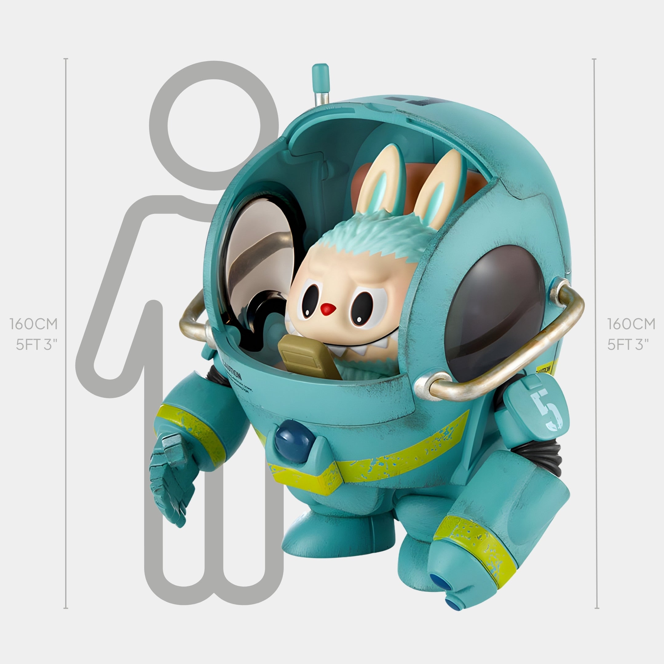 The Horizon Labubu Mecha Sculpture - 160cm by Giant Sculptures is a cute bunny in a blue, weathered deep-sea robot suit with a clear dome, number 5, and yellow-green stripes, shown beside a human silhouette for scale.