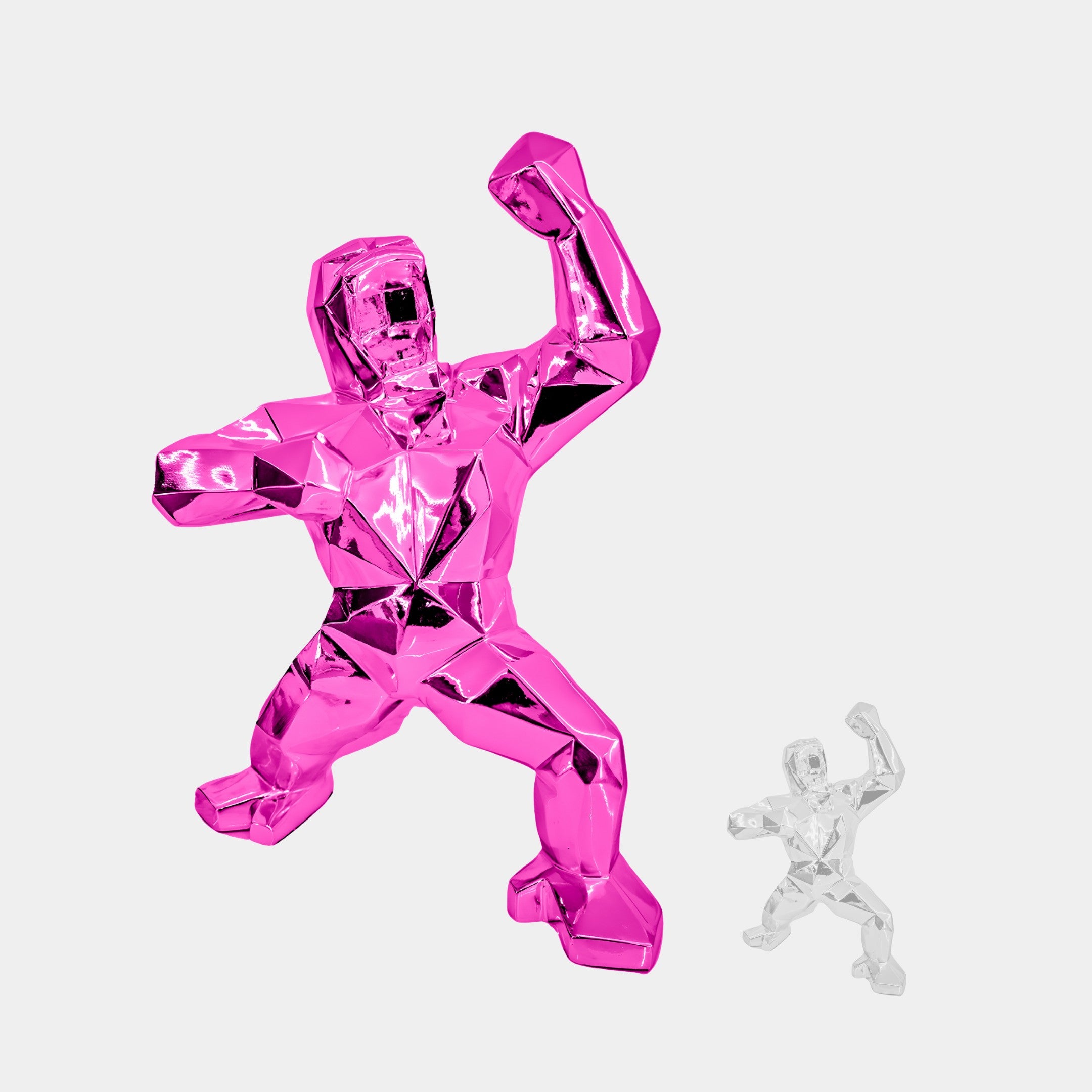 The Flamingo Pink Gorilla Sculpture (165cm) from Giant Sculptures, in a faceted modern design, features a person flexed dynamically, available in flamingo pink and white. Perfect for contemporary interiors, both pieces gleam with their reflective material.