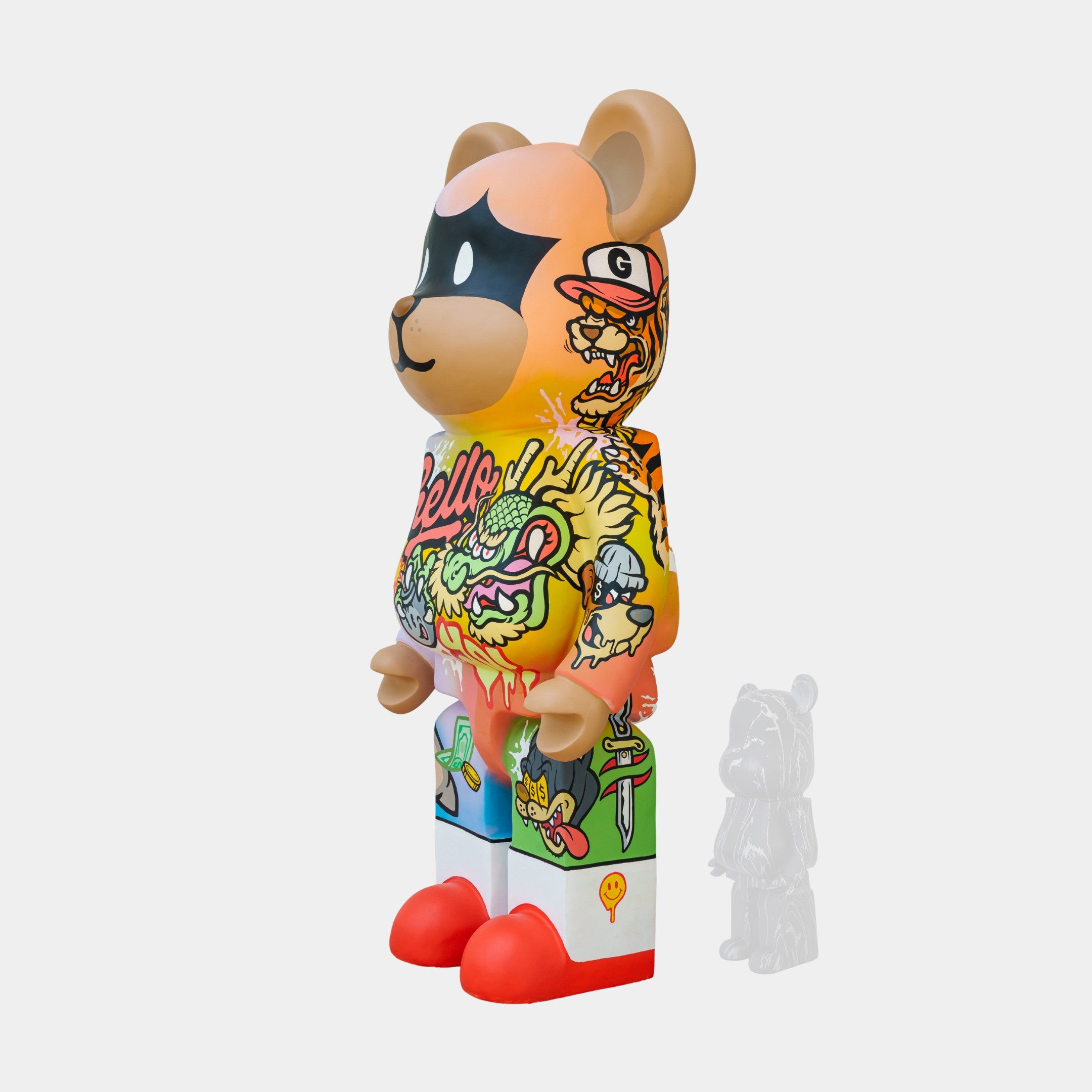The limited-edition Lucky Paws Bear Sculpture by Giant Sculptures stands 165cm tall, showcasing colorful Thai street art with graphic patterns, playful eyes, Hello text, and a smaller translucent companion on red feet. It bursts with abstract elements and mixed colors in a bear shape.