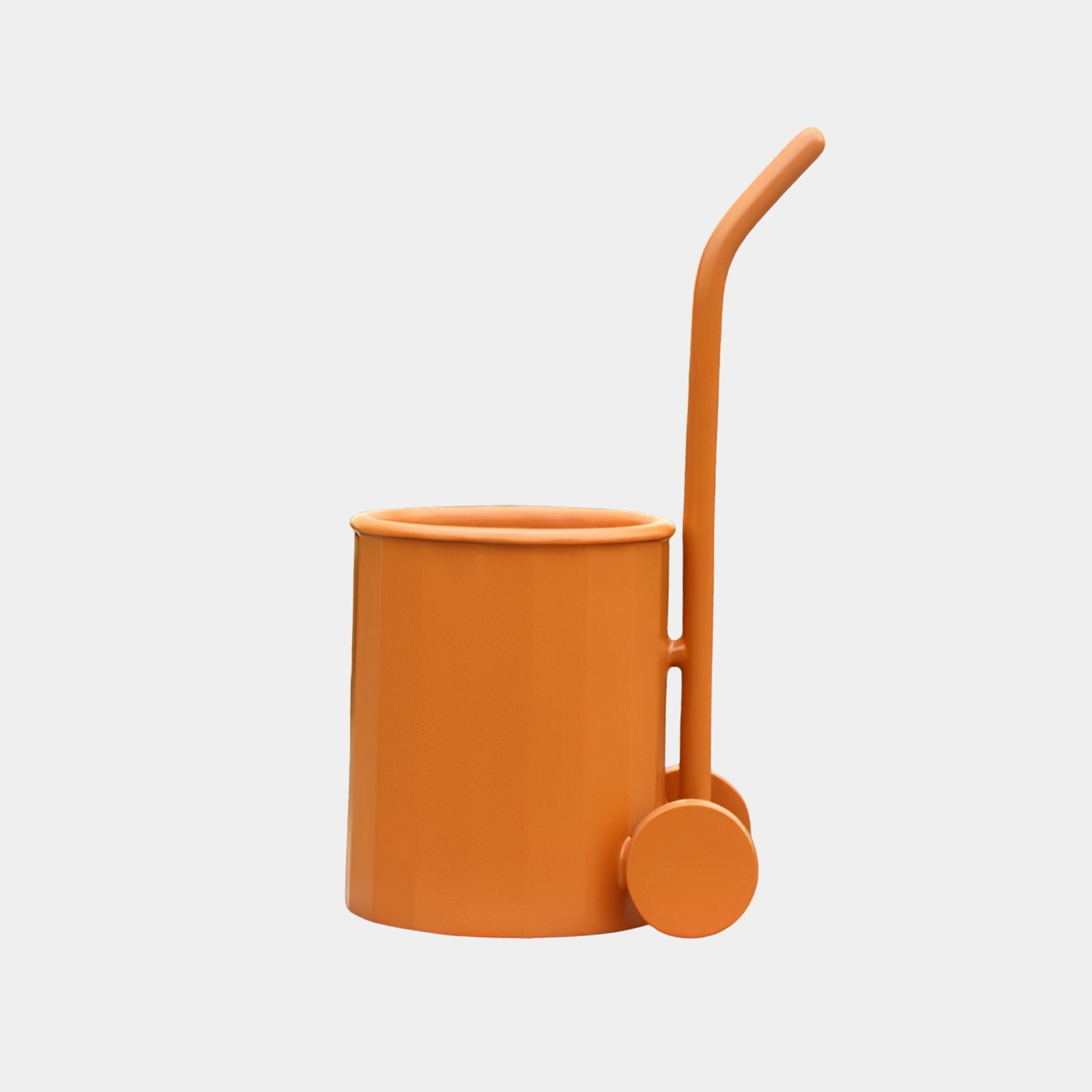 Tregony Orange Modern Sculpture (76cm) by Giant Sculptures, a resin cylindrical caddy with a curved handle in bright orange, shown on a plain light background.