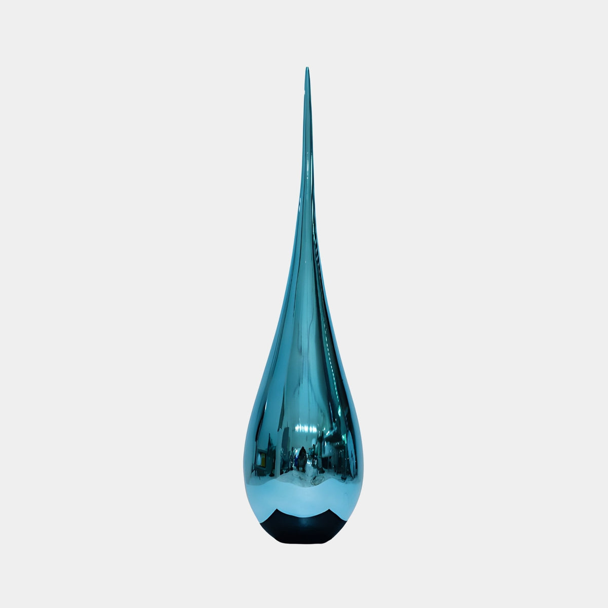 Ashton Blue & Silver Water Drop Sculpture - 99cm, a tall fibreglass teardrop form with a glossy chrome-blue finish on a dark base, shown against a plain light background.