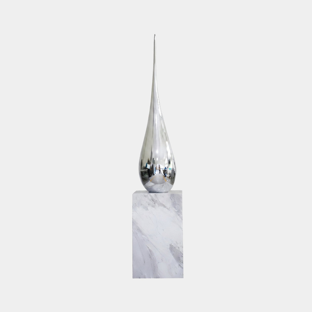 Ashham Silver Abstract Sculpture, 160cm tall, mirror-finish silver teardrop form on a marble base, shown against a plain light grey background.