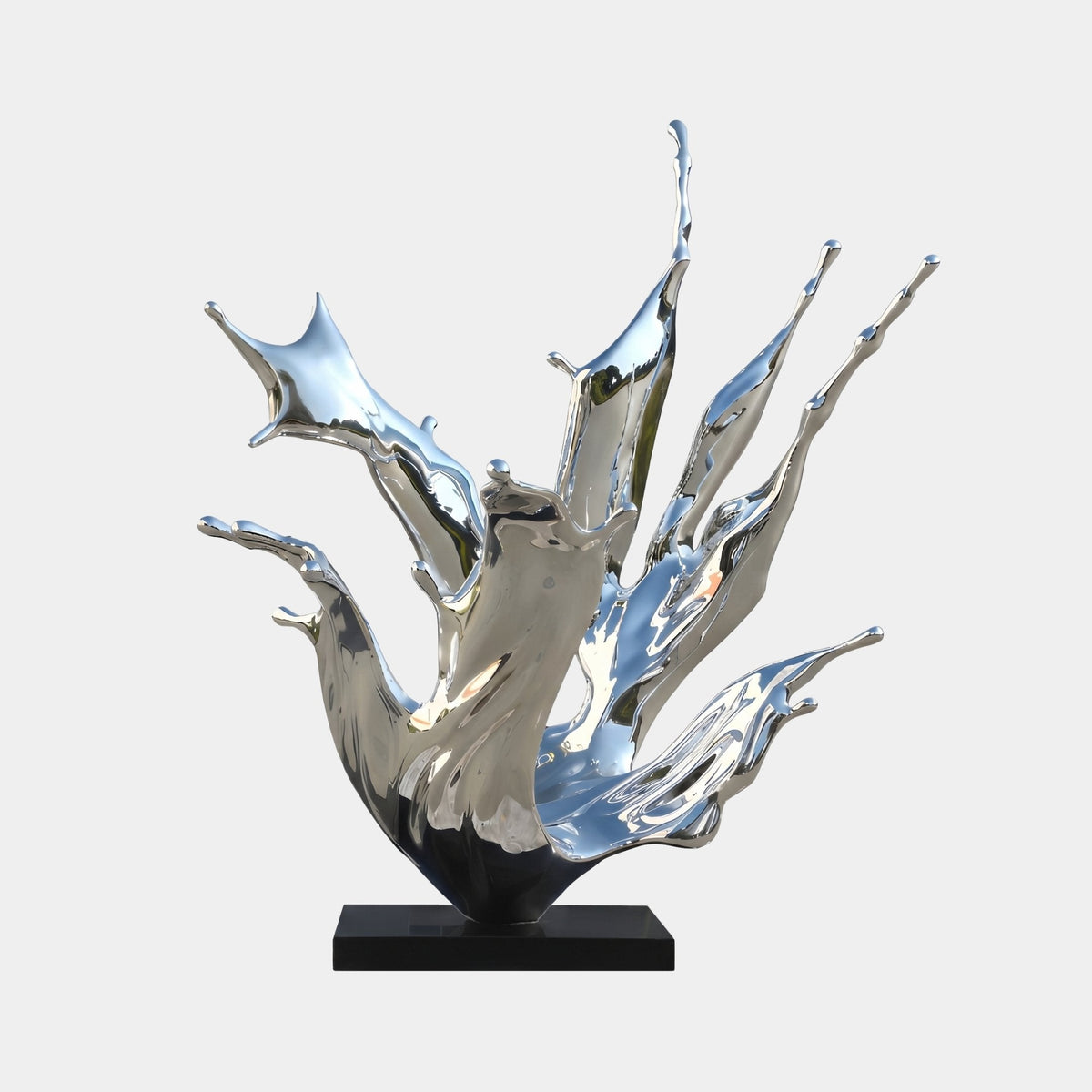 Ashford Silver & Black Splash Sculpture - 166cm, a mirror-finish fibreglass wave form on a black base, shown against a plain white background.