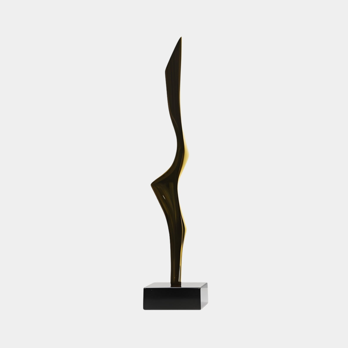 Ashbeck Gold Abstract Sculpture - 67cm, a fibreglass leaf-wing form with mirror-bright gold finish on a black base, shown against a plain light grey background.