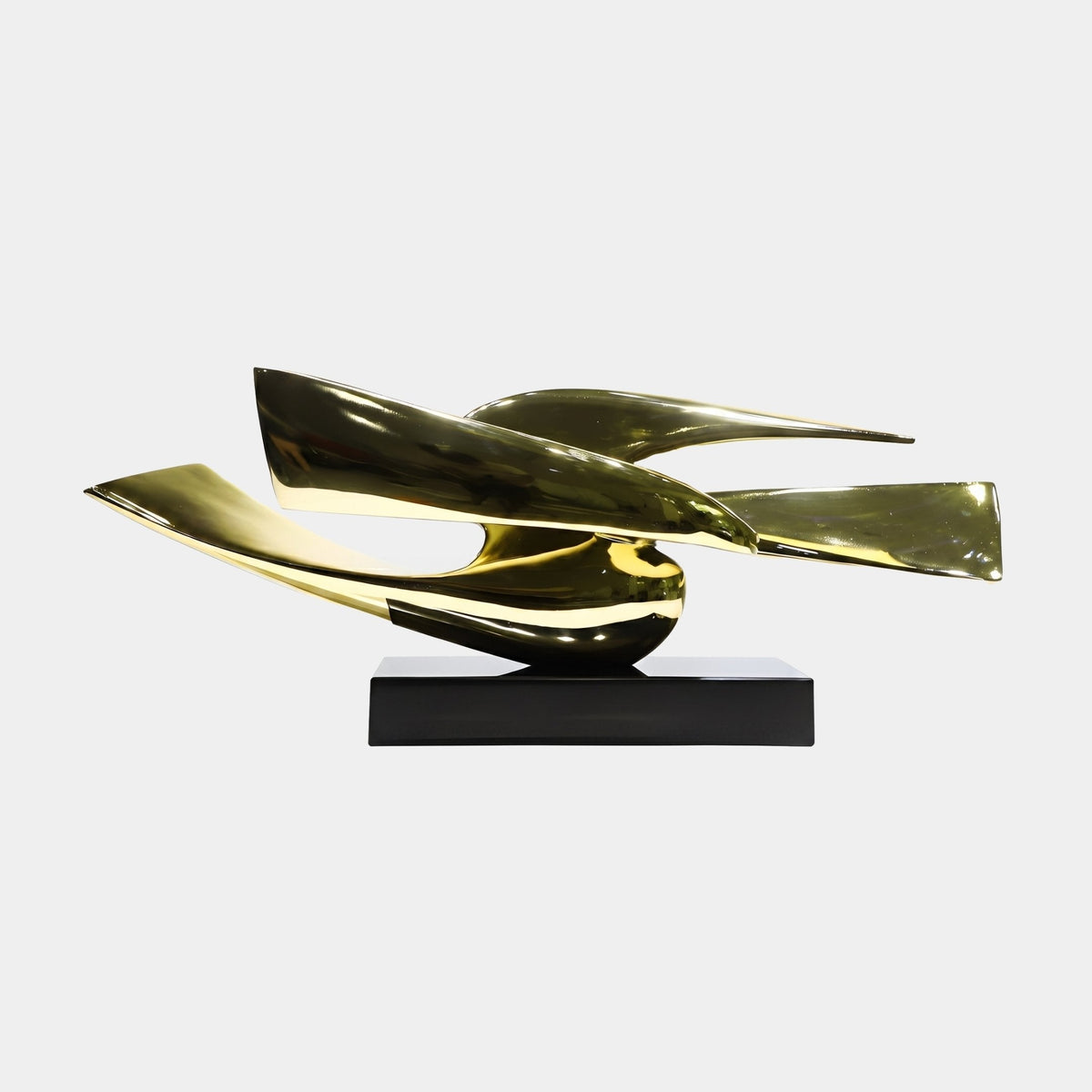 Ashbury Gold Abstract Sculpture - 88cm, a mirror-finish fibreglass ribbon form on a black rectangular base, shown against a plain white background.