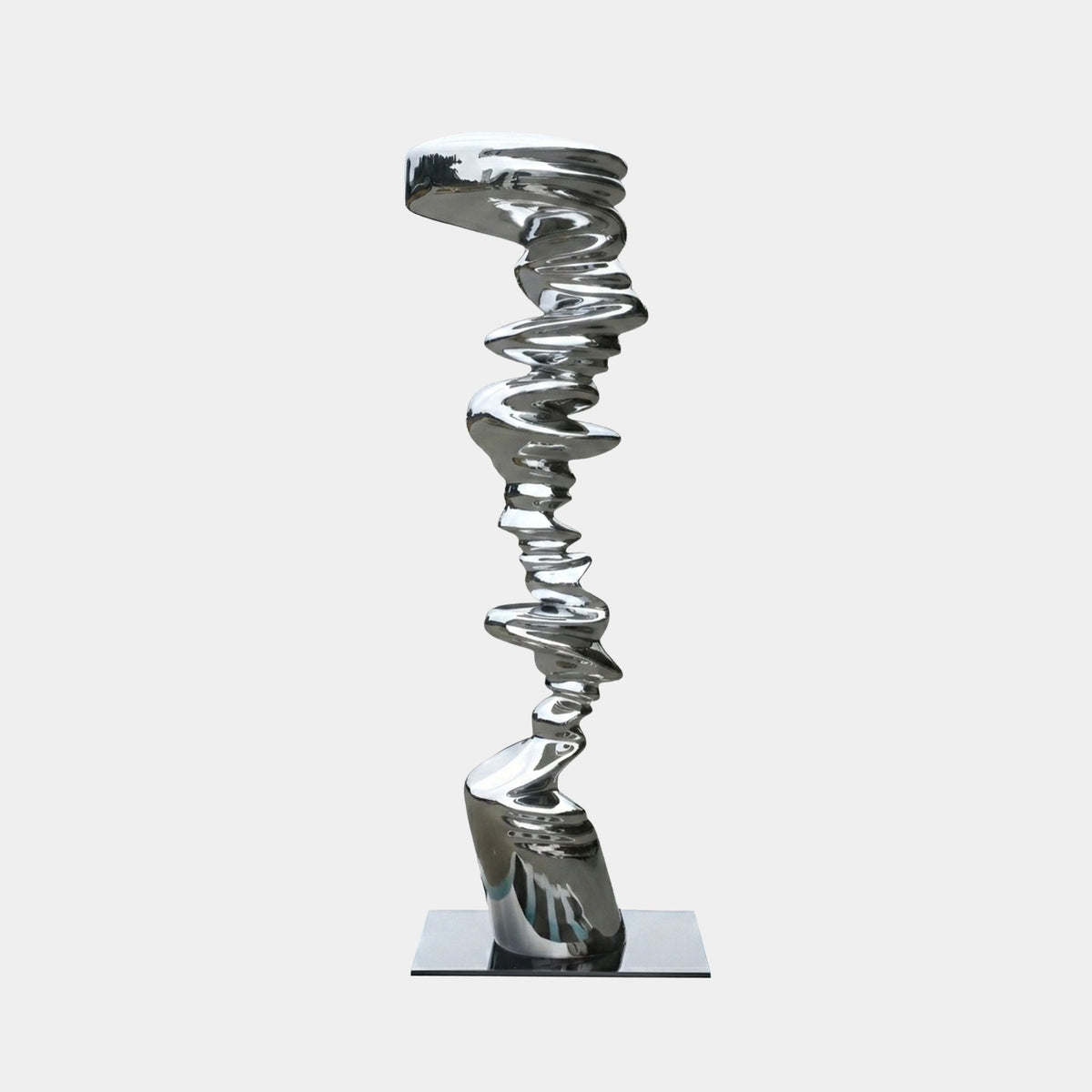 Ashside Silver Abstract Sculpture, a 179cm tall twisted fibreglass column with mirror-bright chrome finish on a rectangular base, shown against a plain white background.