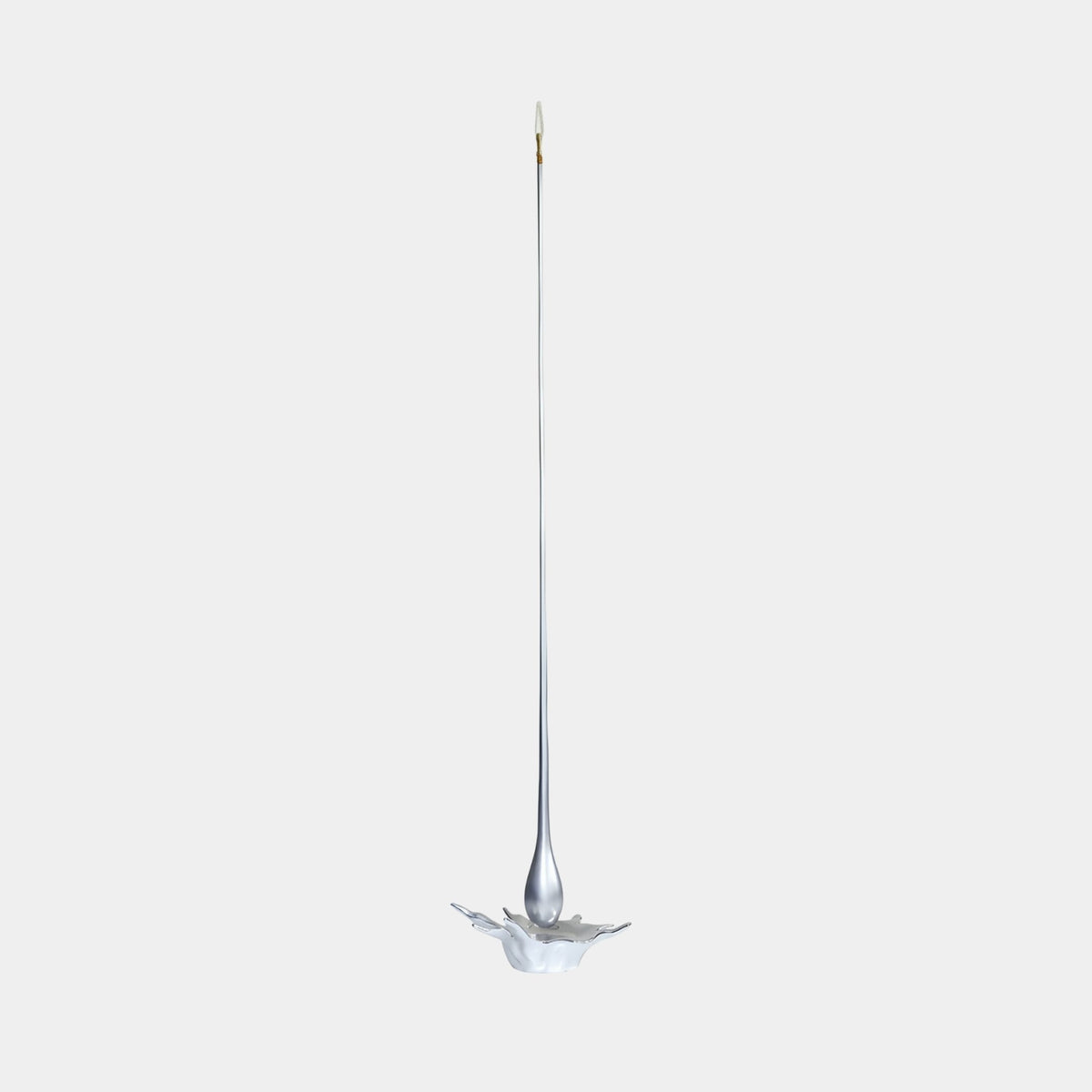 Bramgrove Silver Abstract Sculpture - 230cm, a tall fibreglass piece with mirror-bright silver chrome finish atop a slender stand, on a plain light background.