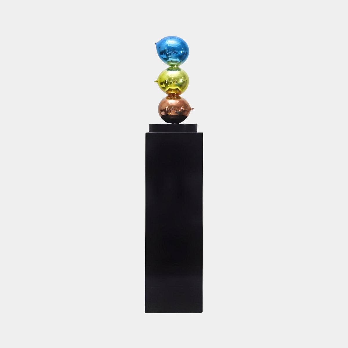 Bramwold Black Totem Sculpture - 58cm, three mirror-finish spheres in blue, green and copper stacked on a black plinth and pedestal, plain light background.