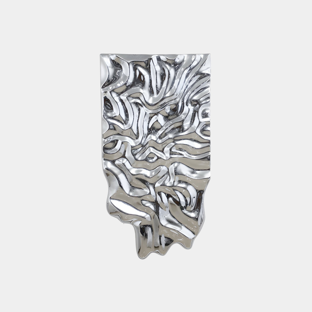 Bramborough Silver Abstract Sculpture, 150cm, mirror-finish fibreglass with draped, rippled texture, shown against a plain white background.