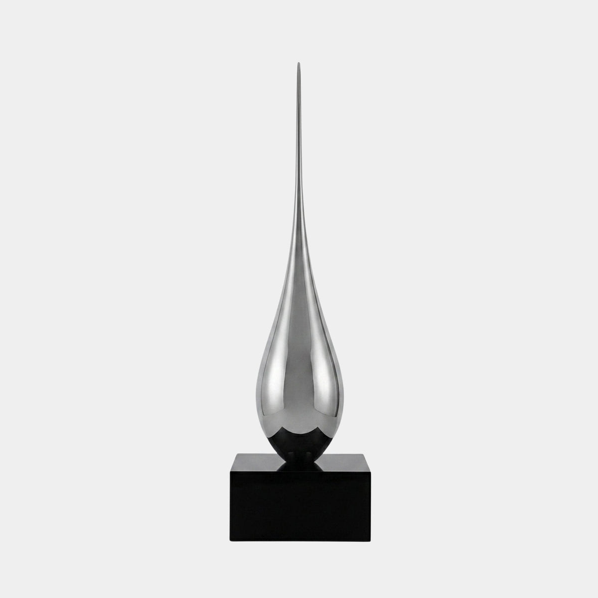 Bramcliffe Silver & Black Water Drop Sculpture - 250cm, a chrome teardrop fibreglass sculpture on a black rectangular base, shown against a plain white background.