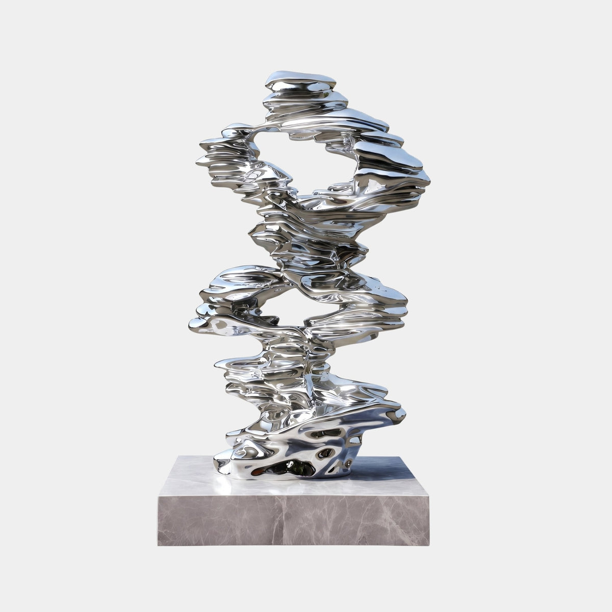 Bramfold Silver Abstract Sculpture - 200cm, a mirror-finish fibreglass sculpture with a spiraling stacked form on a grey stone base, shown against a plain white background.