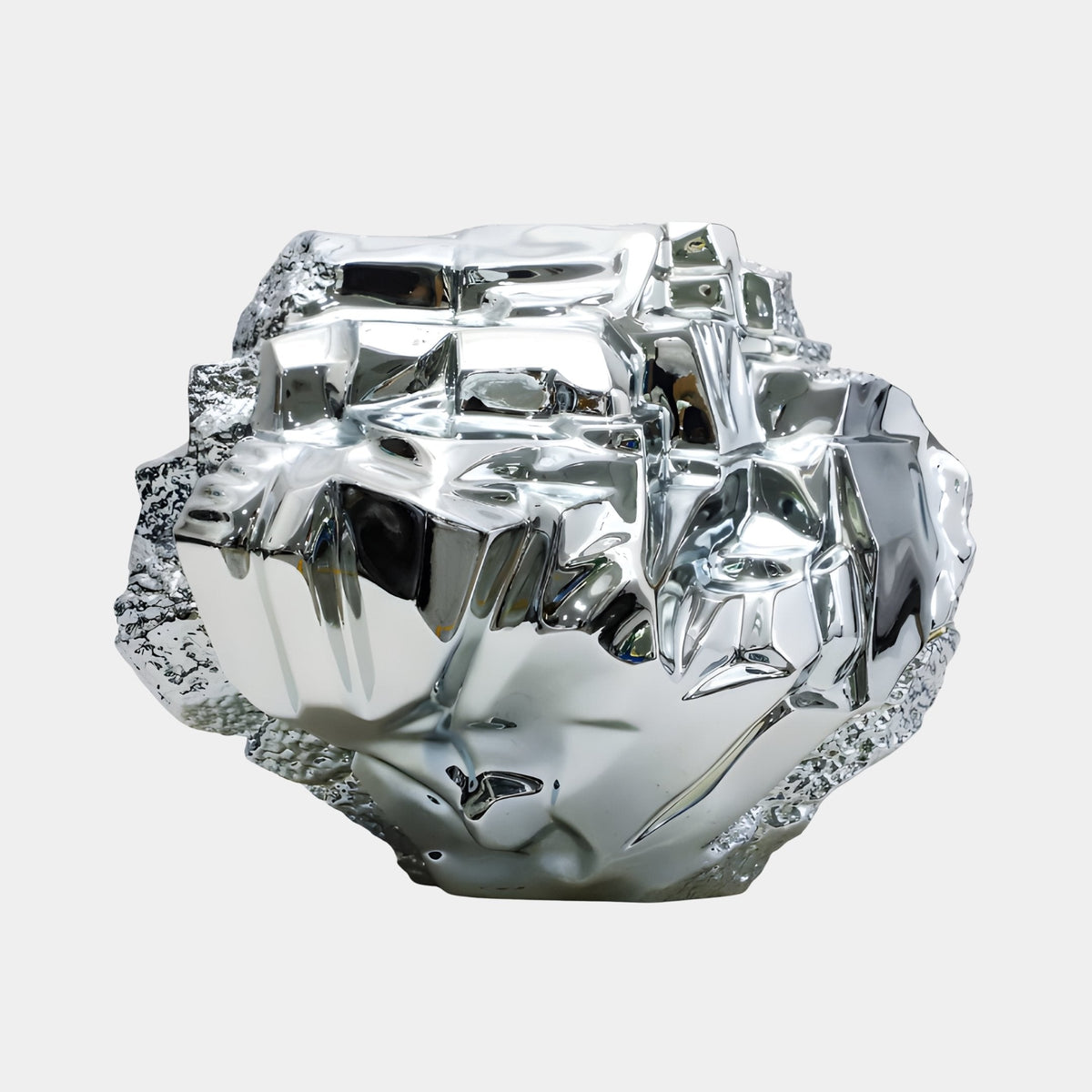 Bramstone Silver Abstract Sculpture - 57cm, a mirror-finish fibreglass orb with crumpled, faceted texture, shown against a plain white background.