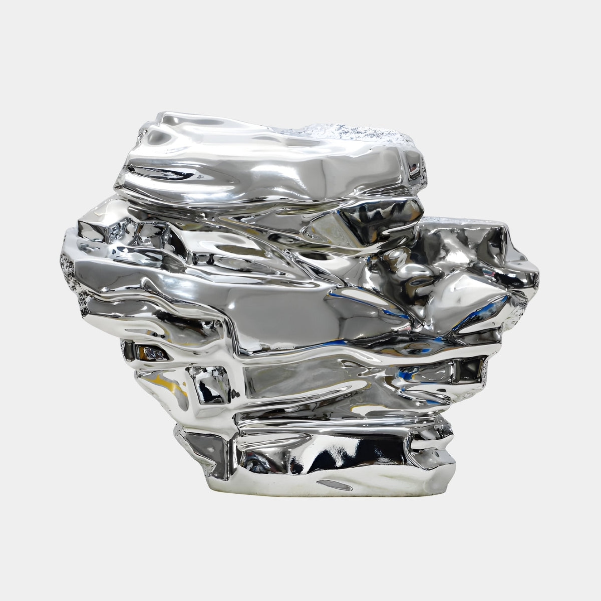 Brambrook Silver Abstract Sculpture - 70cm, a crumpled fibreglass form with mirror-bright chrome finish, shown on a plain white background.