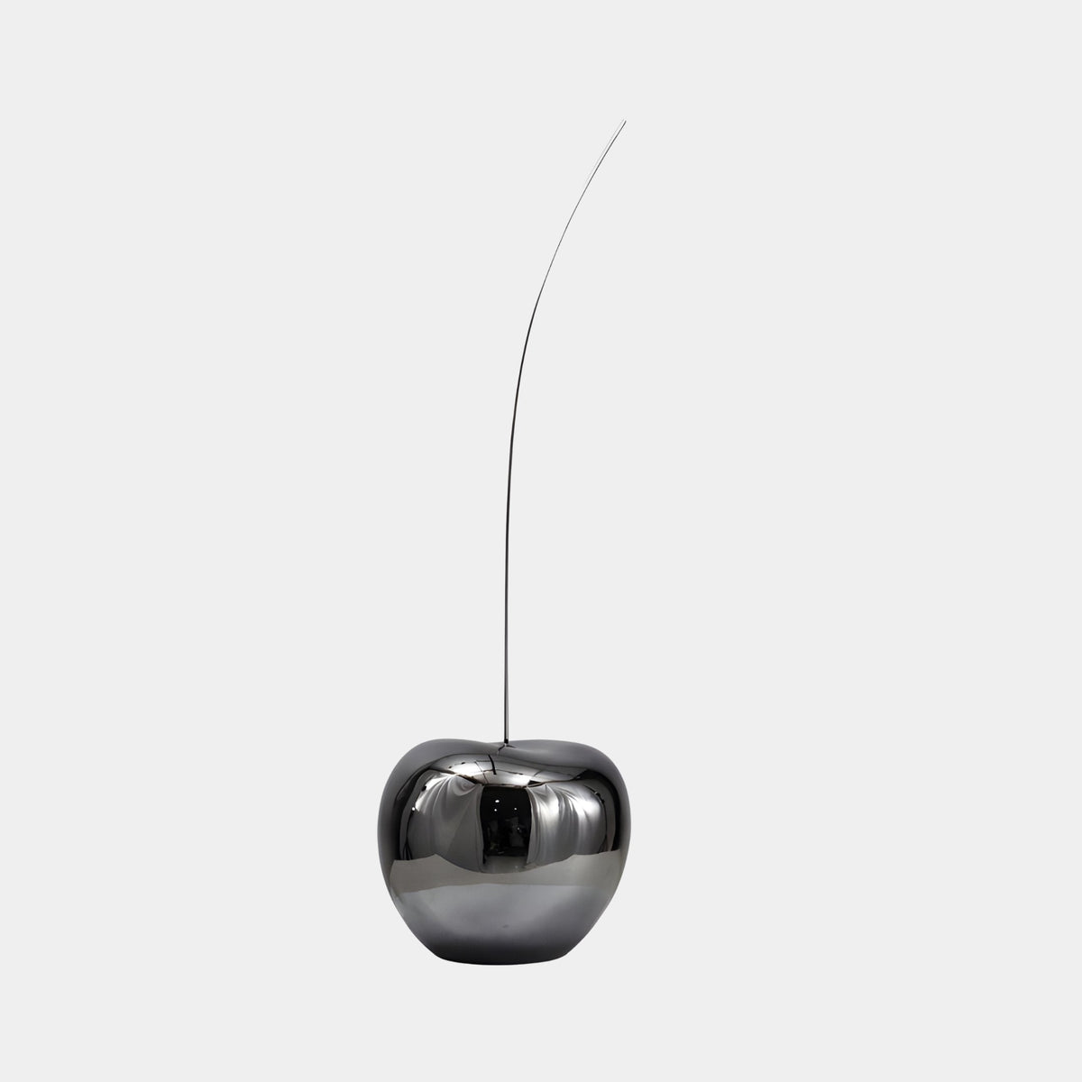 Brookby Silver Apple Sculpture - 97cm, a mirror-finish chrome fibreglass apple with a tall curving stem, shown against a plain light grey background.