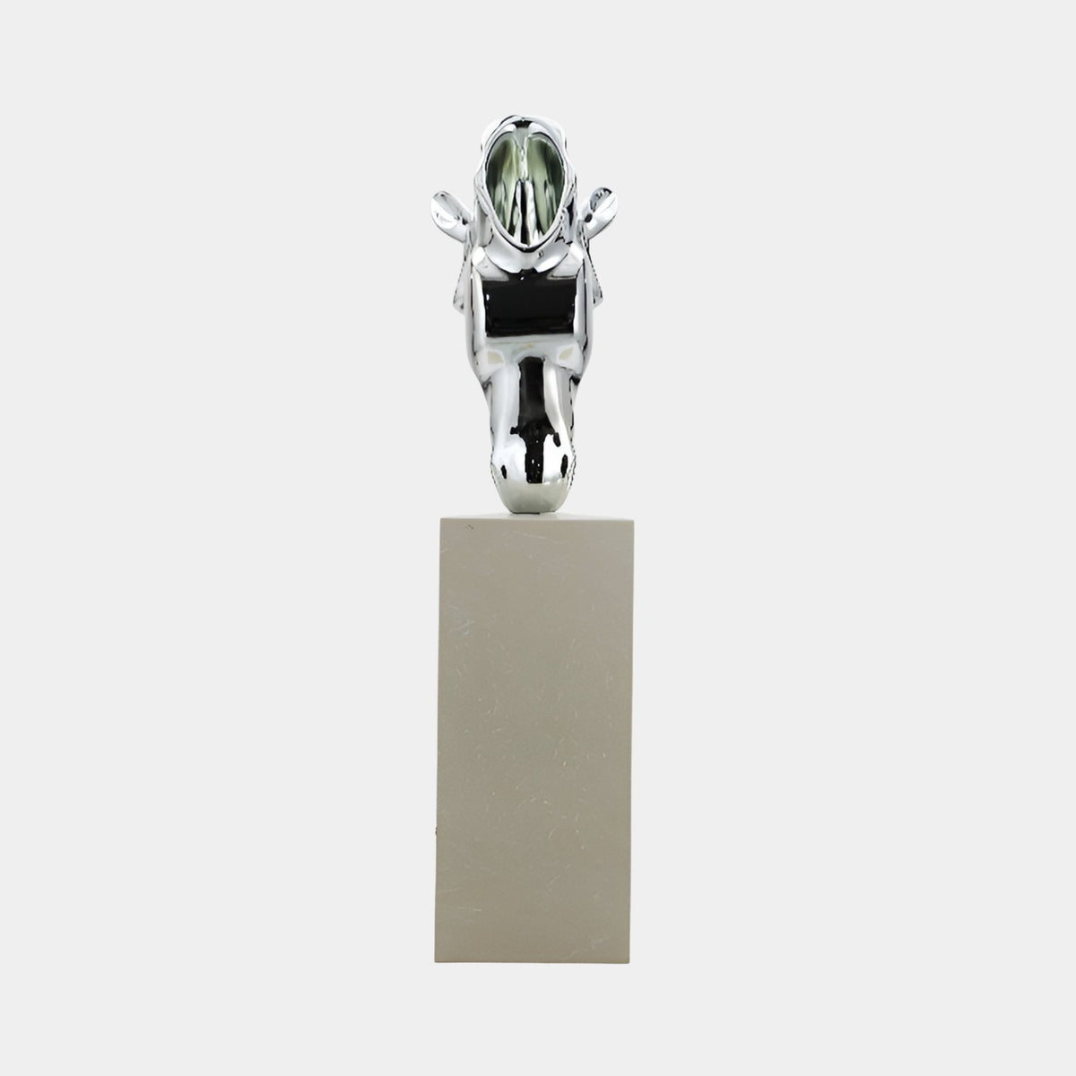 Brookdale Silver Abstract Sculpture, 175cm mirror-finish fibreglass form with black accent on a light plinth, plain white background.