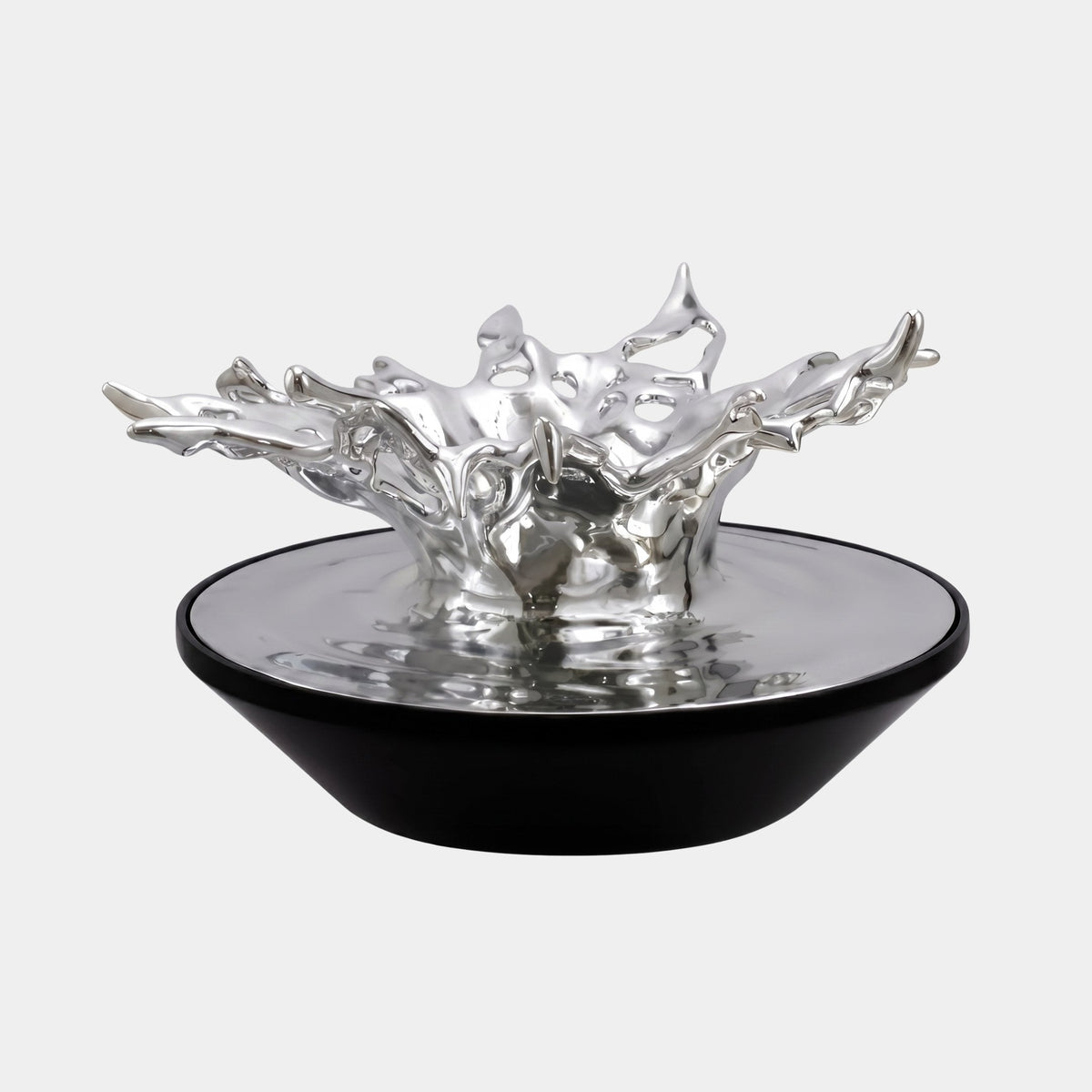 Brookbeck Silver & Black Splash Sculpture, 100cm fibreglass piece with mirror-bright silver splash rising from a black bowl, shown on a plain white background.