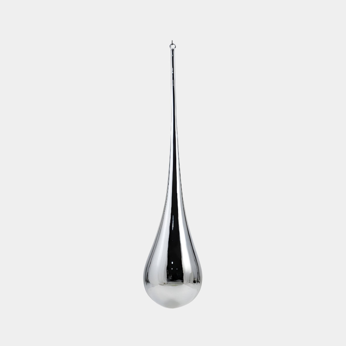Brookholme Silver Water Drop Sculpture - 180cm, a chrome silver teardrop-shaped fibreglass sculpture with a mirror-bright finish, hanging against a plain light grey background.