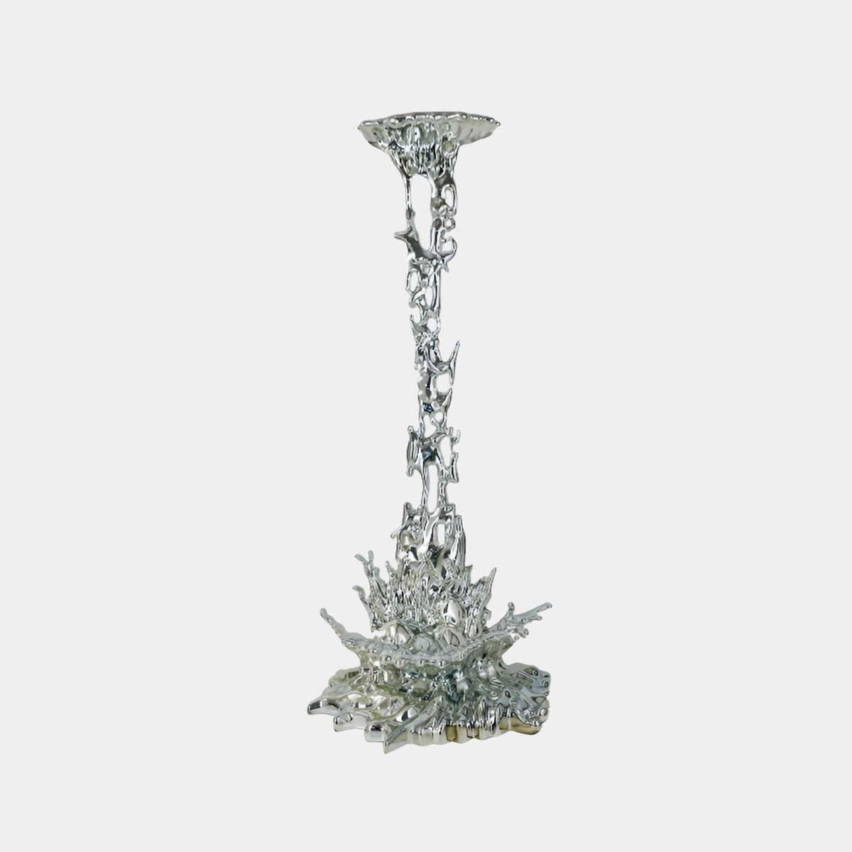 Brooklow Silver Splash Sculpture - 227cm, a tall chrome-silver fibreglass coral-like form on a splash-textured base, shown against a plain white background.