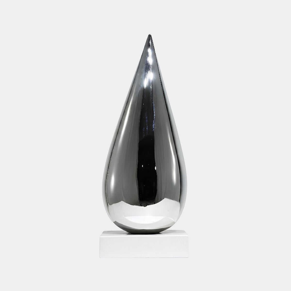 Burndale Silver Water Drop Sculpture - 66cm, a mirror-bright chrome teardrop form on a white base, shown against a plain light grey background.