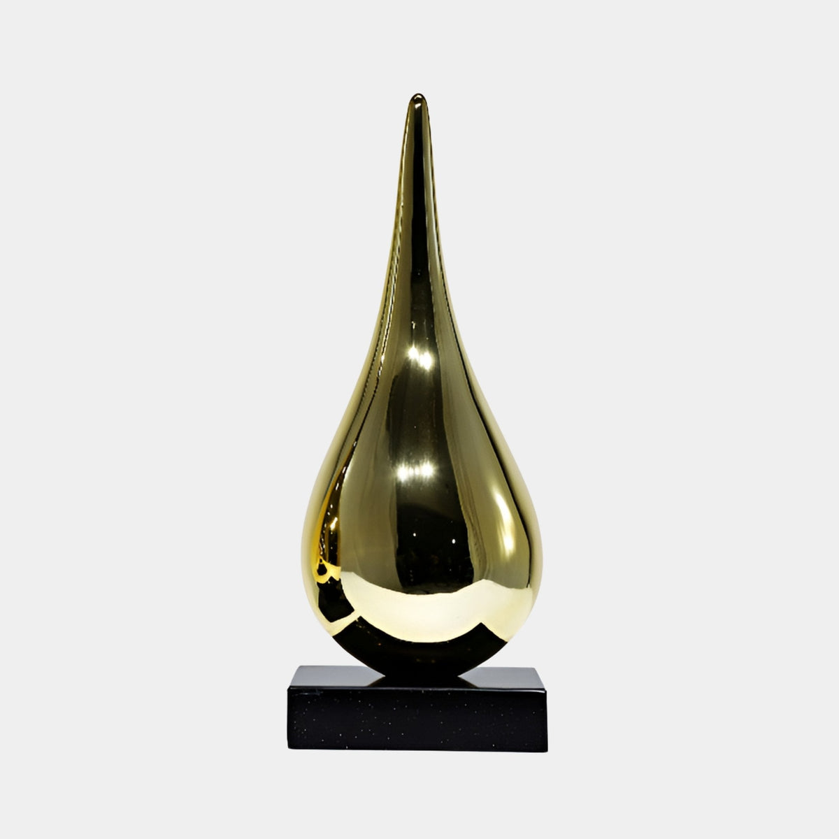 Burngrove Gold Water Drop Sculpture - 66cm, a mirror-bright gold teardrop form on a black rectangular base, set against a plain light grey background.